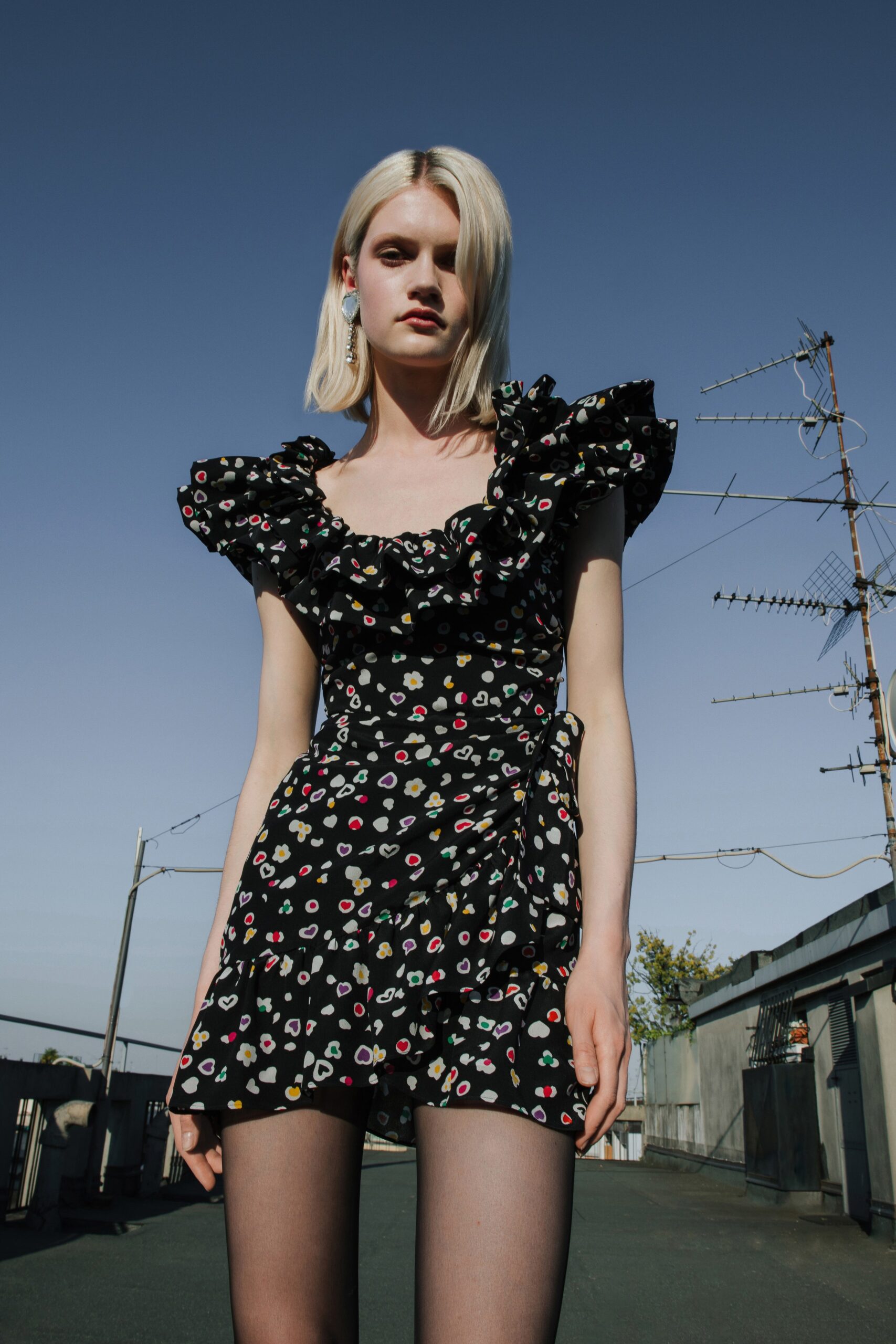 black ruffled short dress