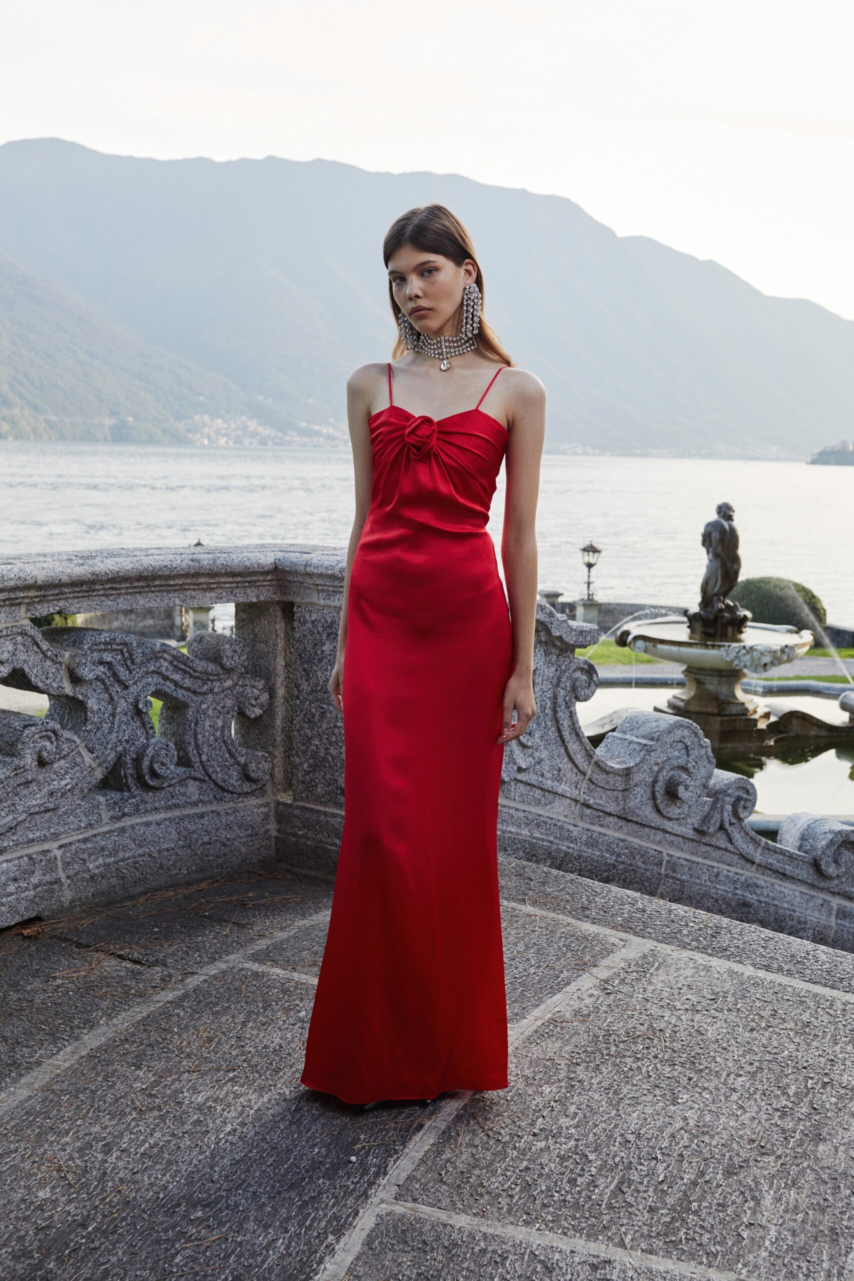 fitted red silk gown