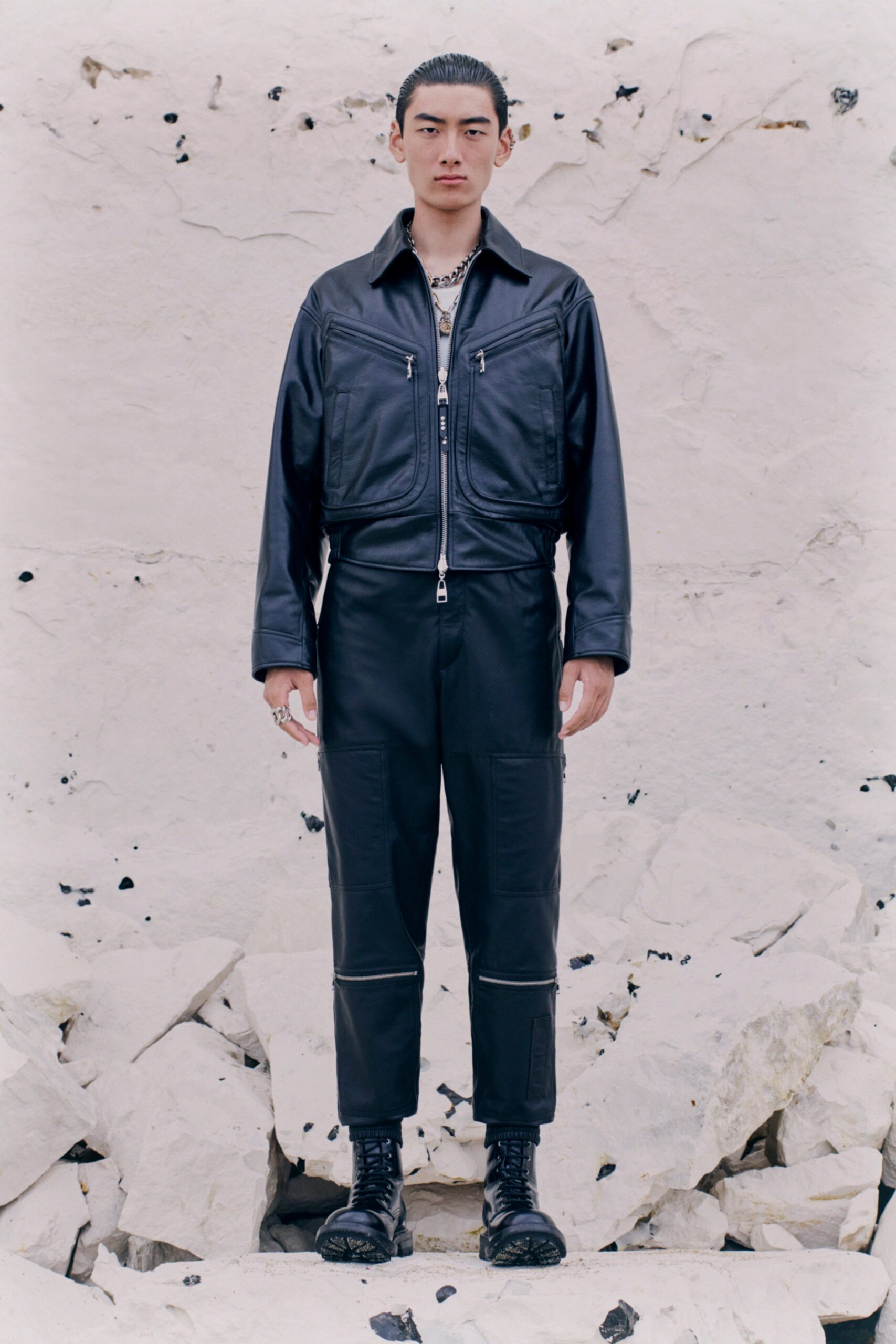 black leather jacket and pants