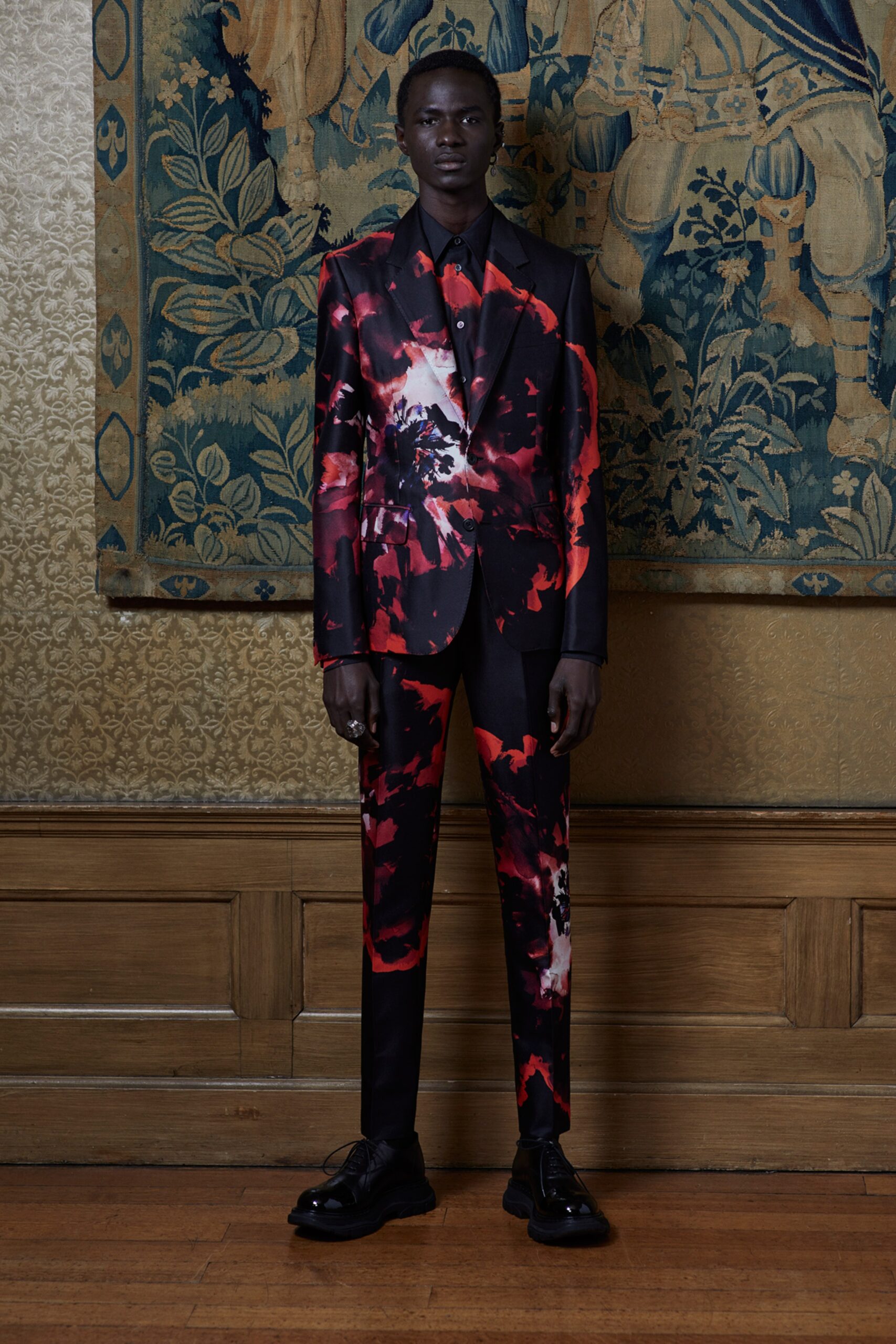 black and red printed suit