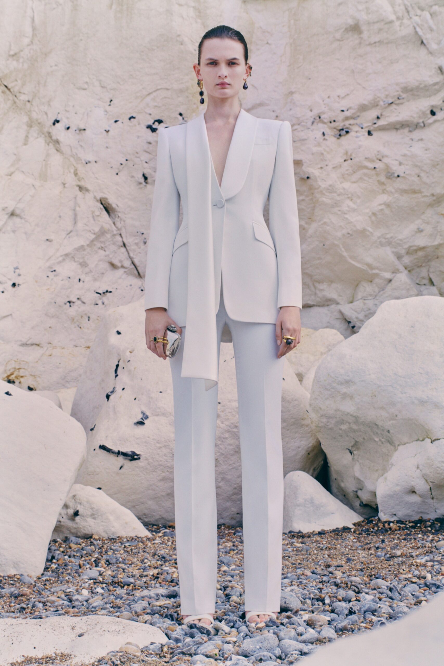 white tailored silk suit