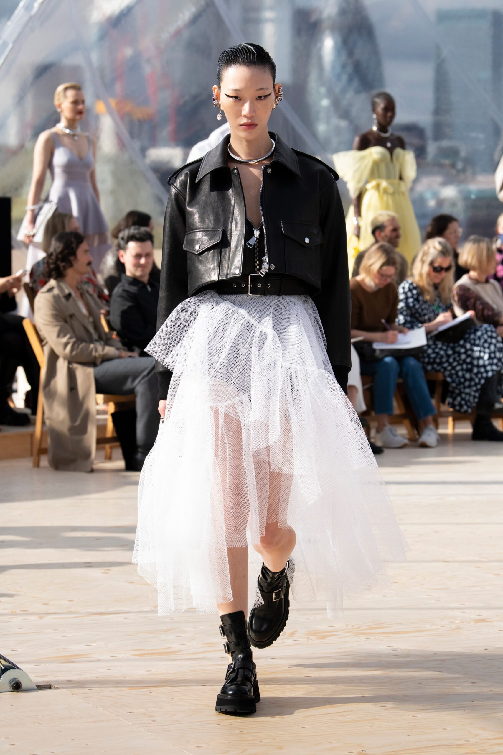 black leather jacket with white tulle skirt