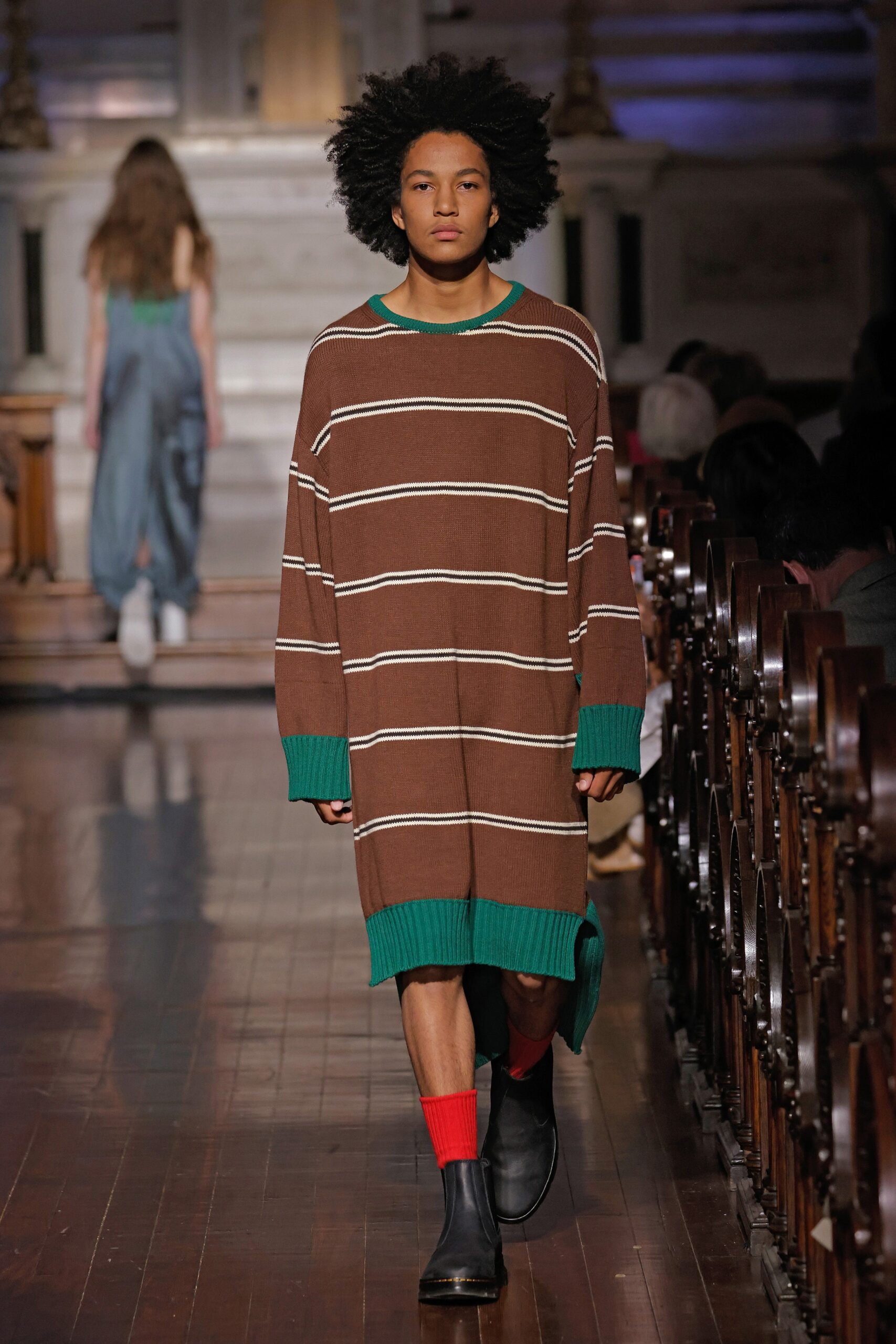 brown cotton long-sleeve collared oversized striped short sweater