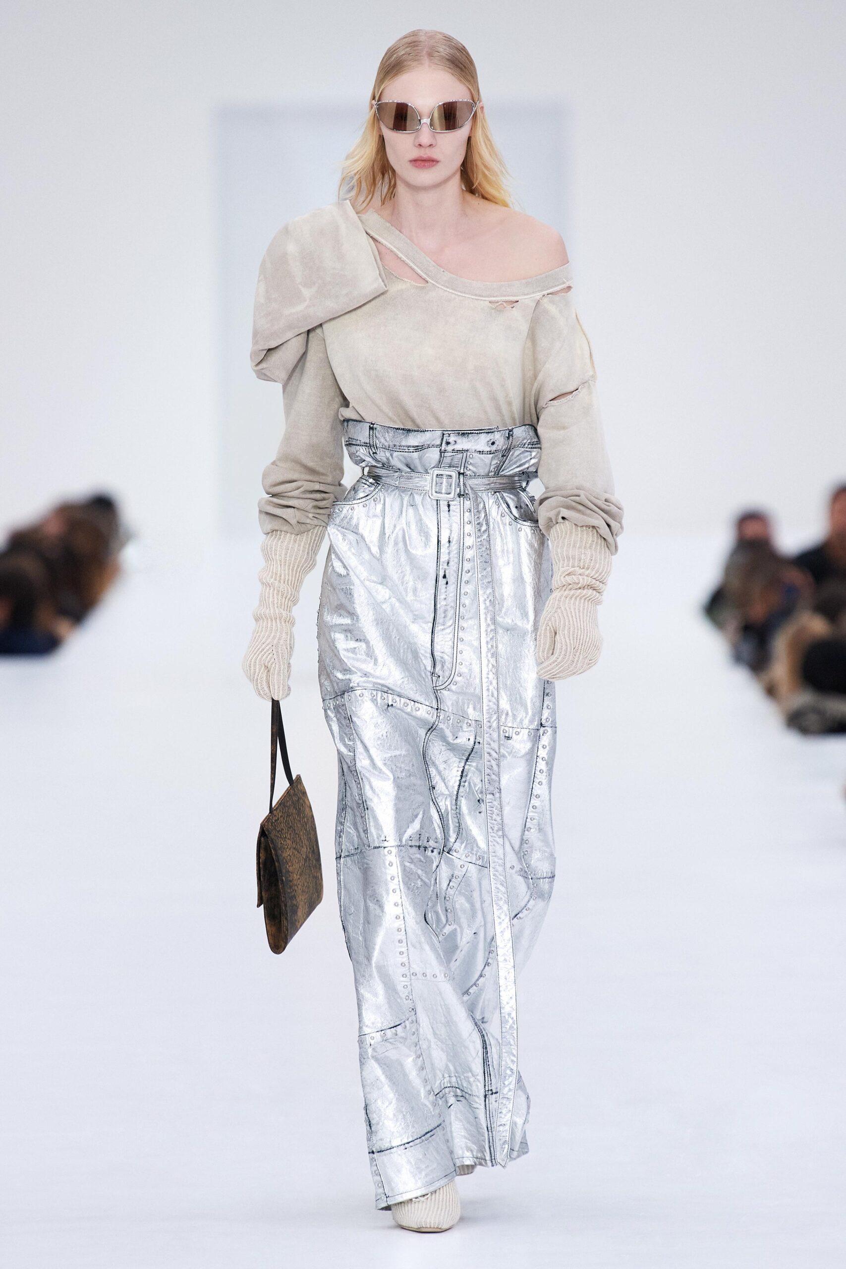 gray metallic fitted high-waisted zippered shiny skirt