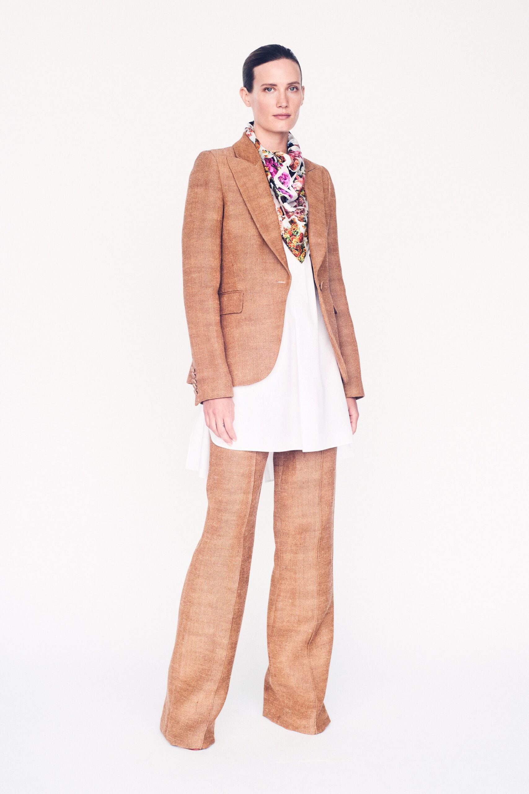 brown linen tailored blazer with white top