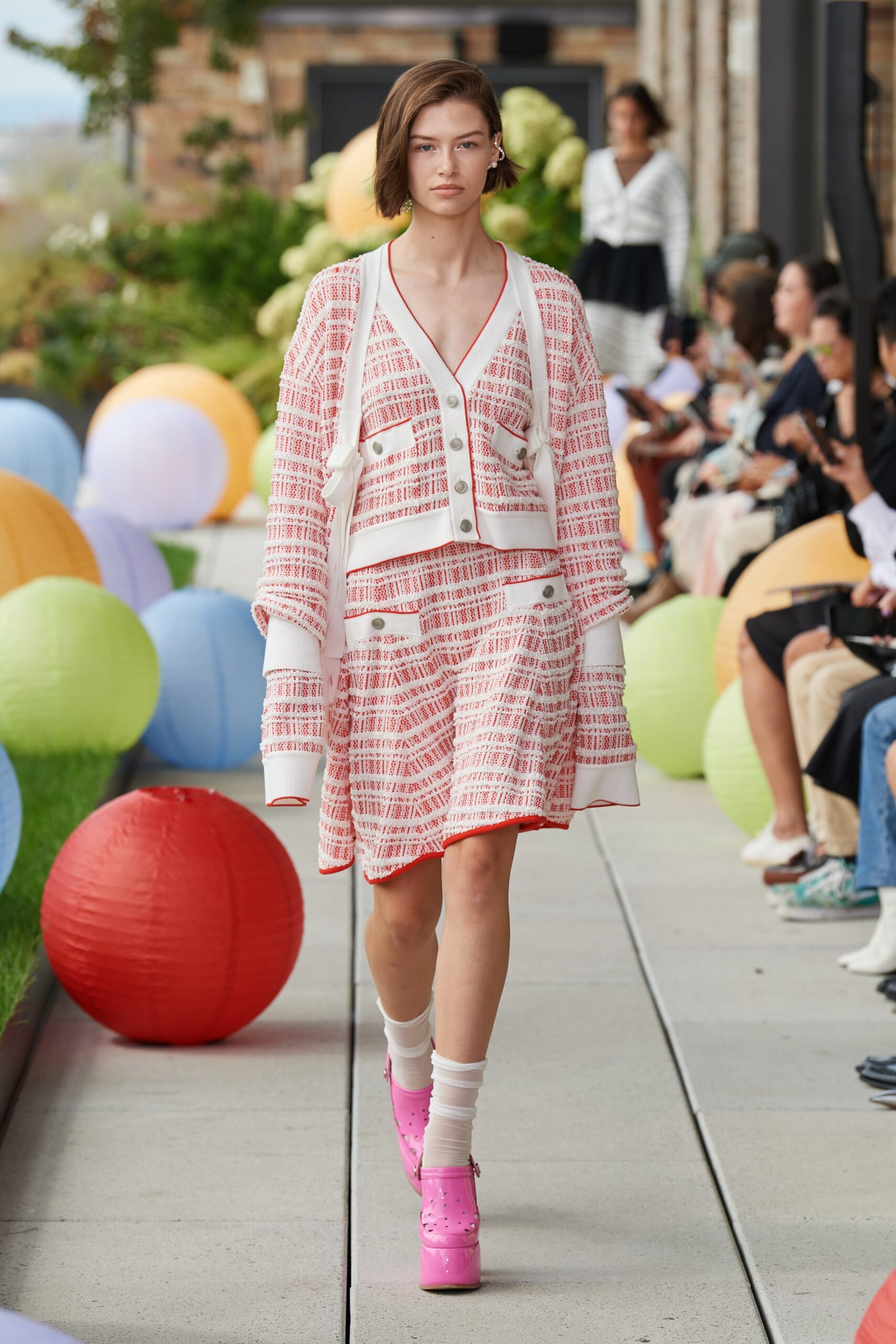 white and red cardigan with mini skirt