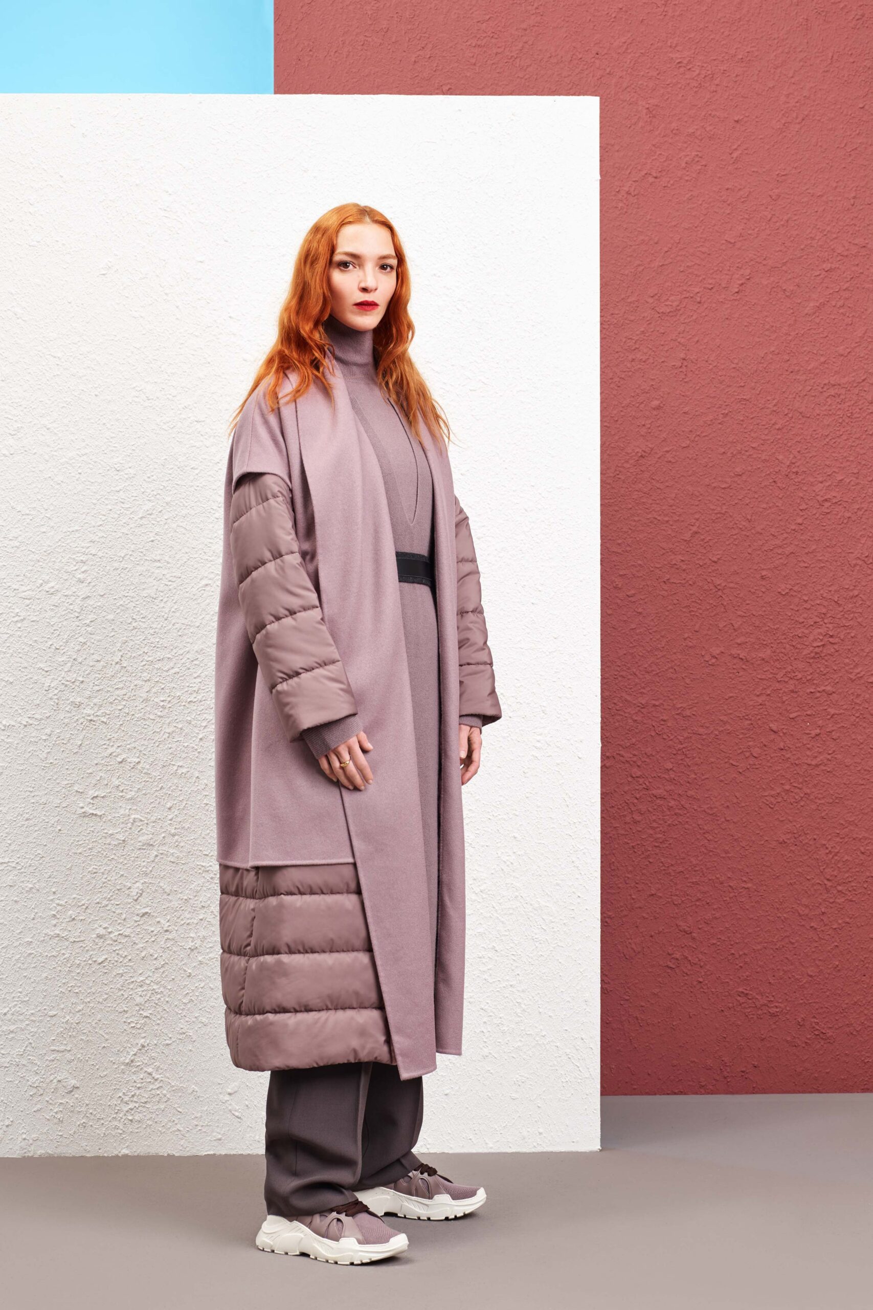 pink wool coat with gray pants