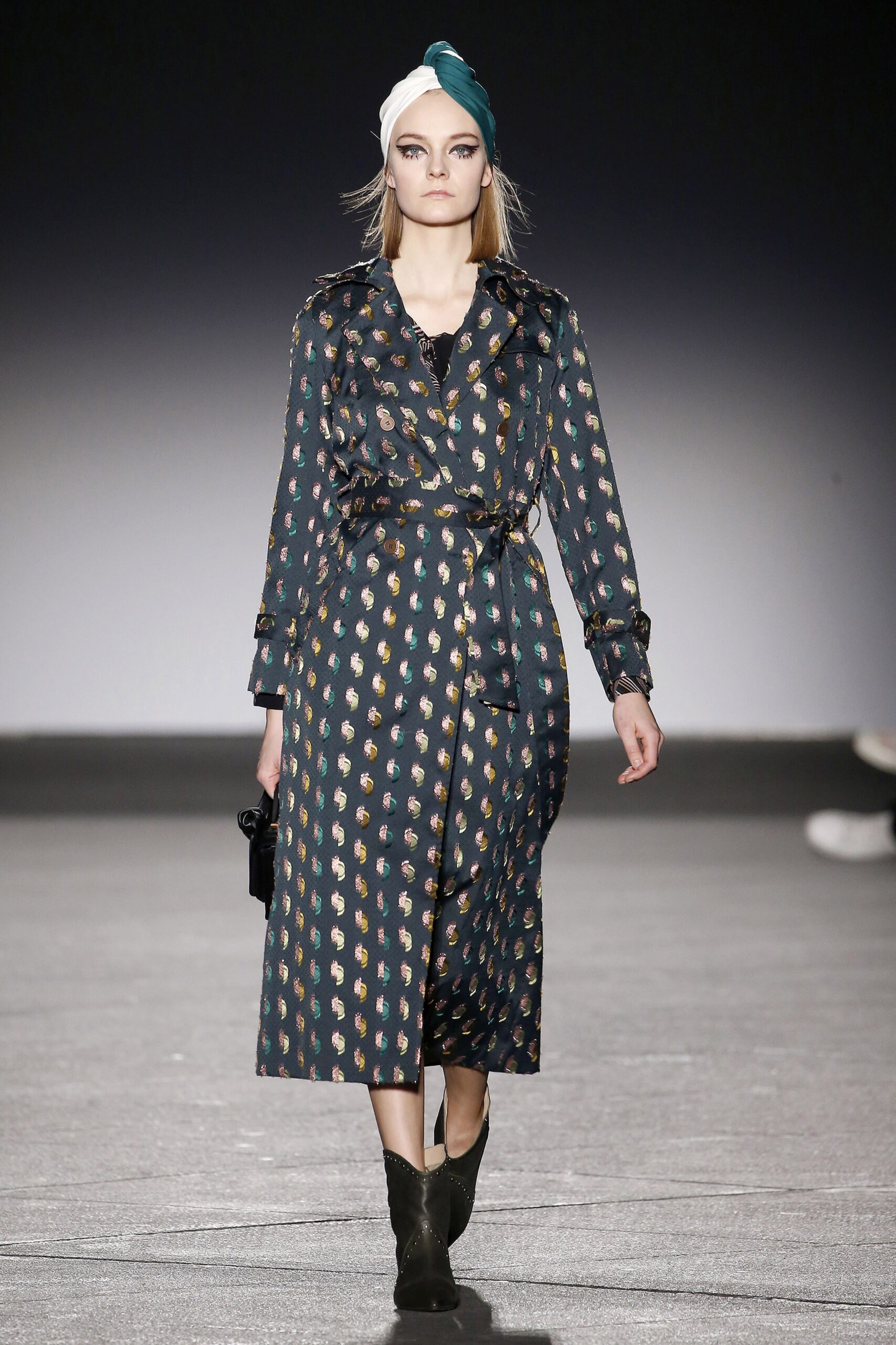 blue green yellow printed trench coat