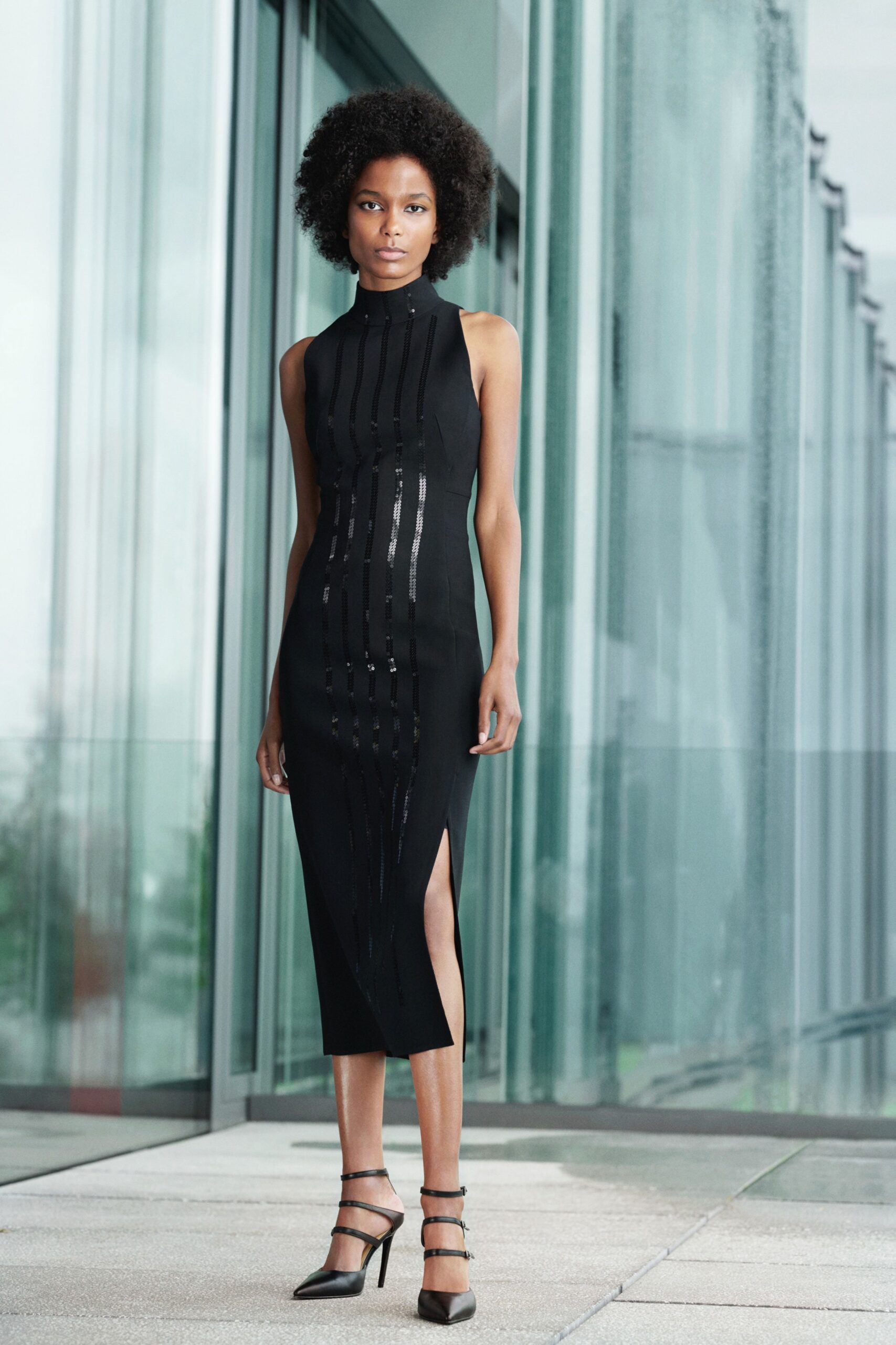 fitted black midi dress