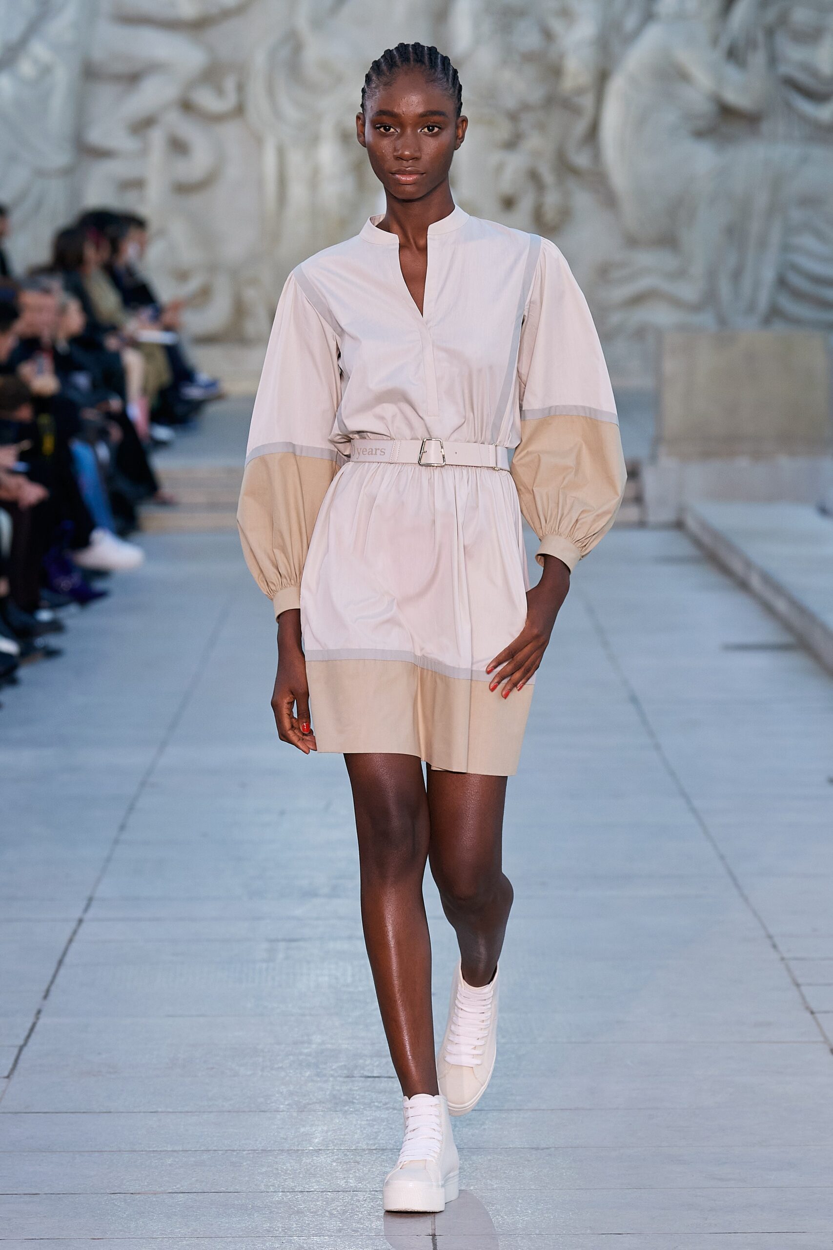 beige and white belted dress