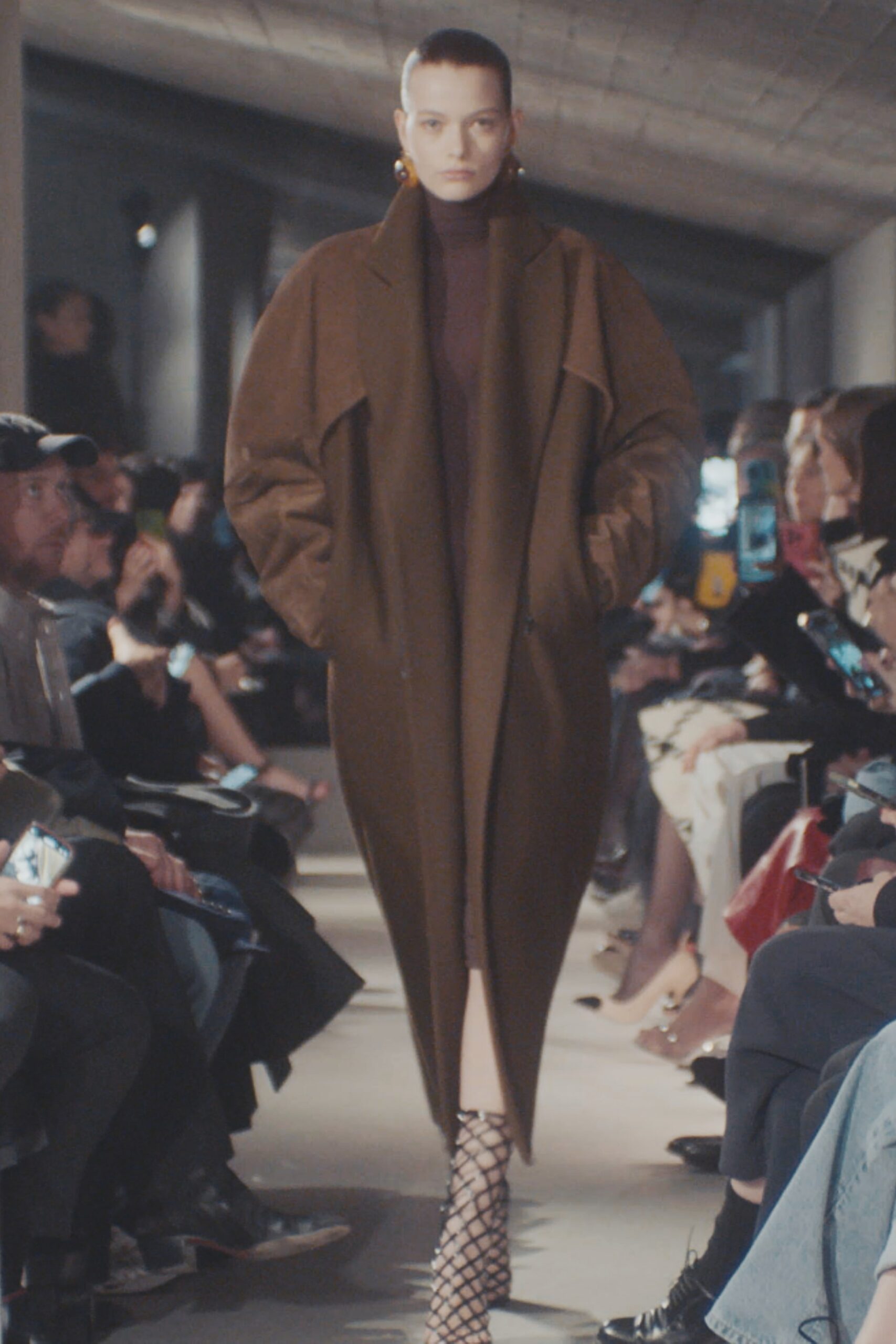 brown wool long-sleeve collared oversized belted maxi coat