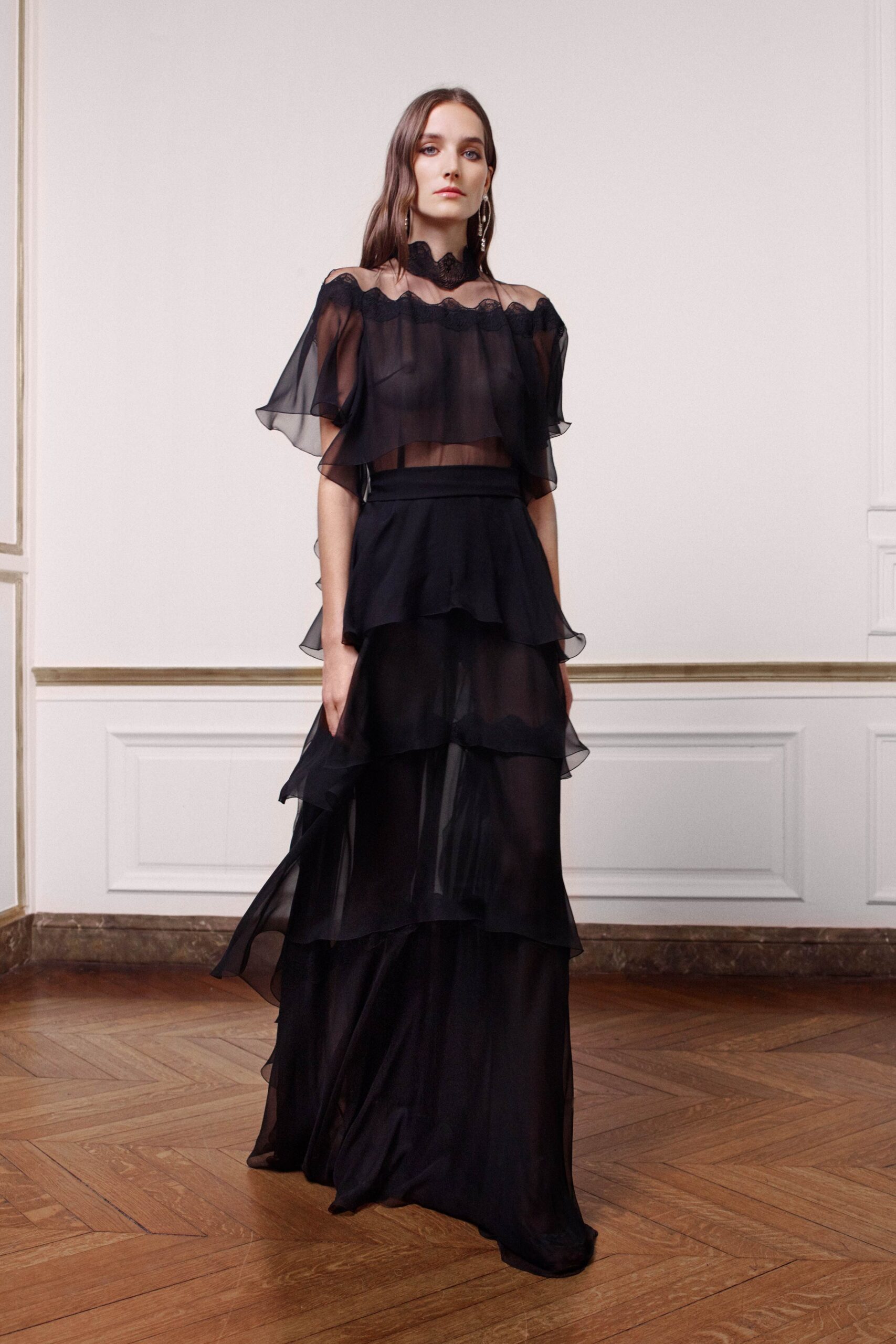 black chiffon tiered maxi dress and top