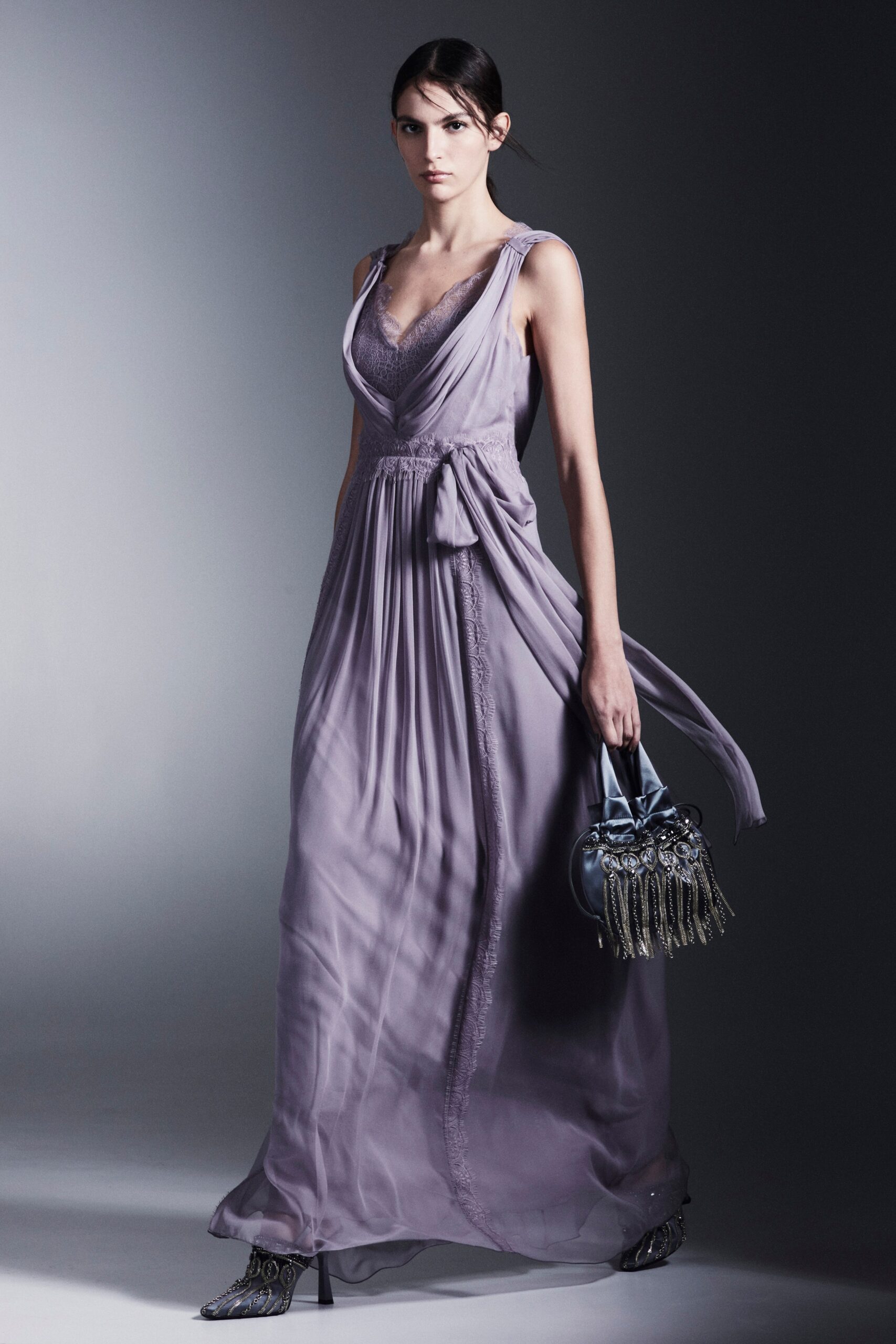 purple silk sleeveless gown