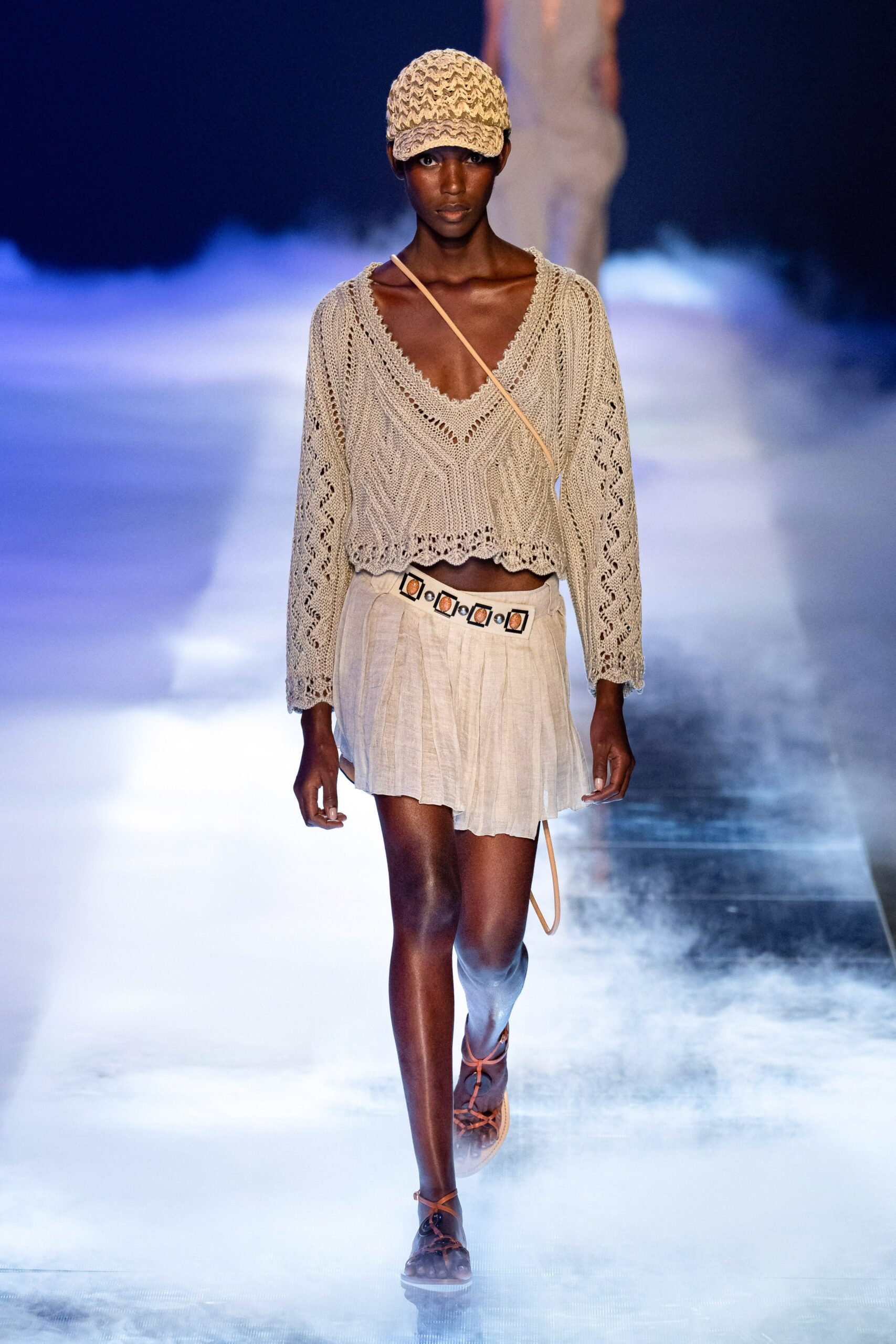 beige crochet top and skirt