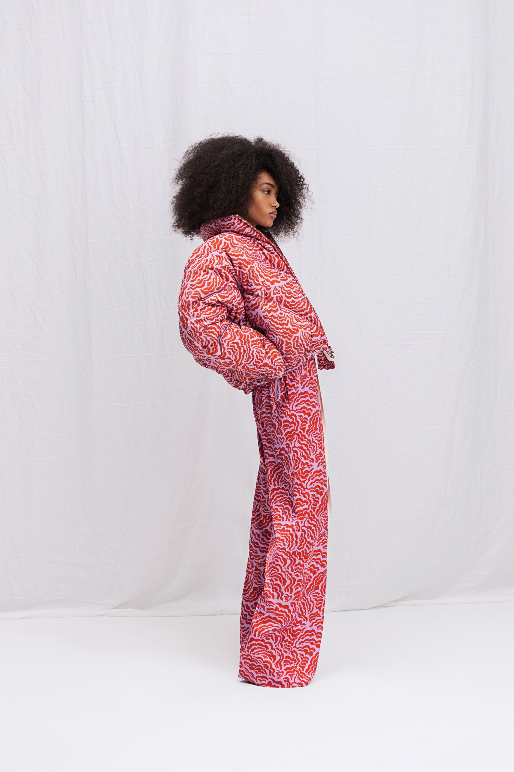 red cotton long-sleeve collared relaxed padded printed jacket