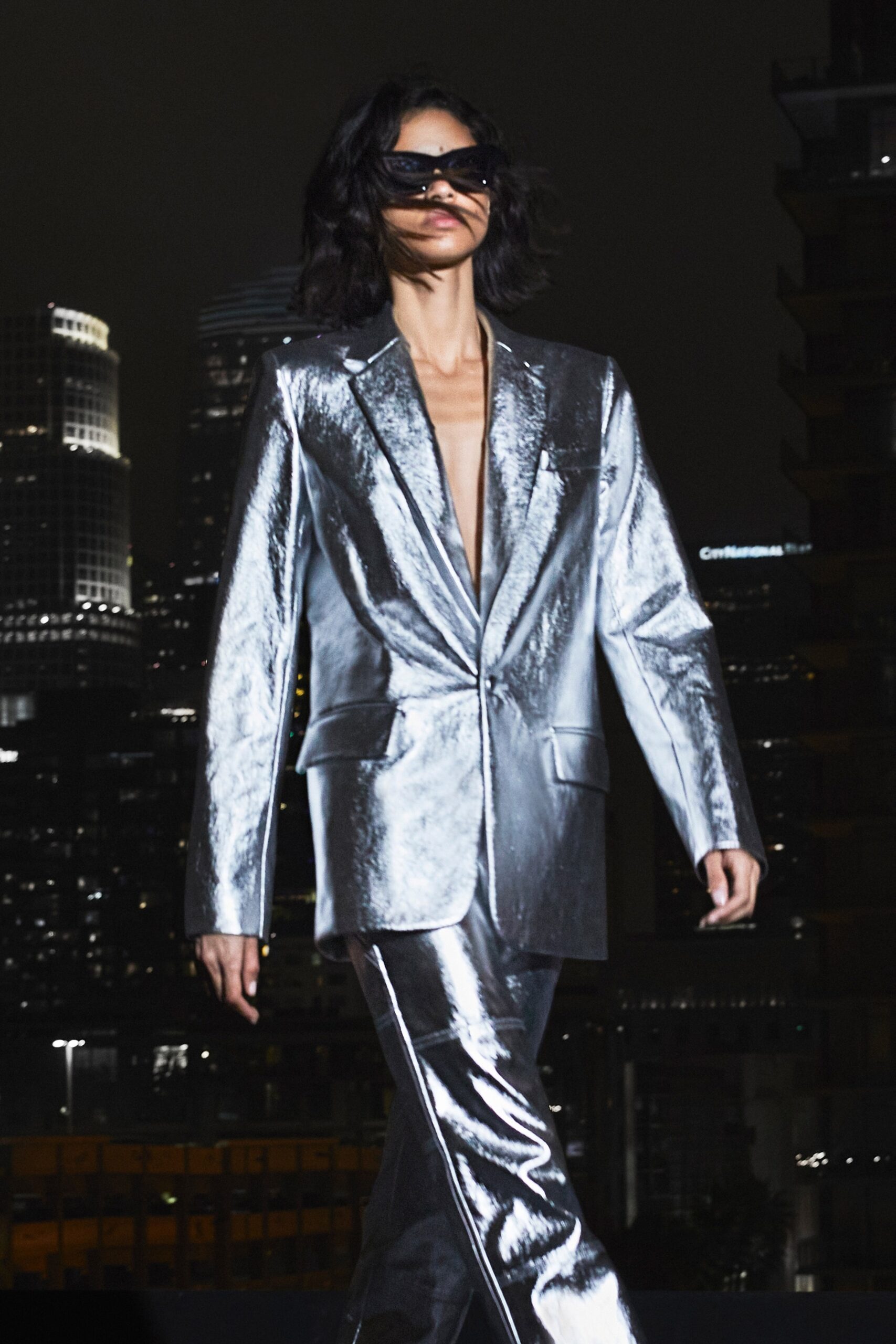 gray metallic long-sleeve v-neck tailored structured shiny blazer