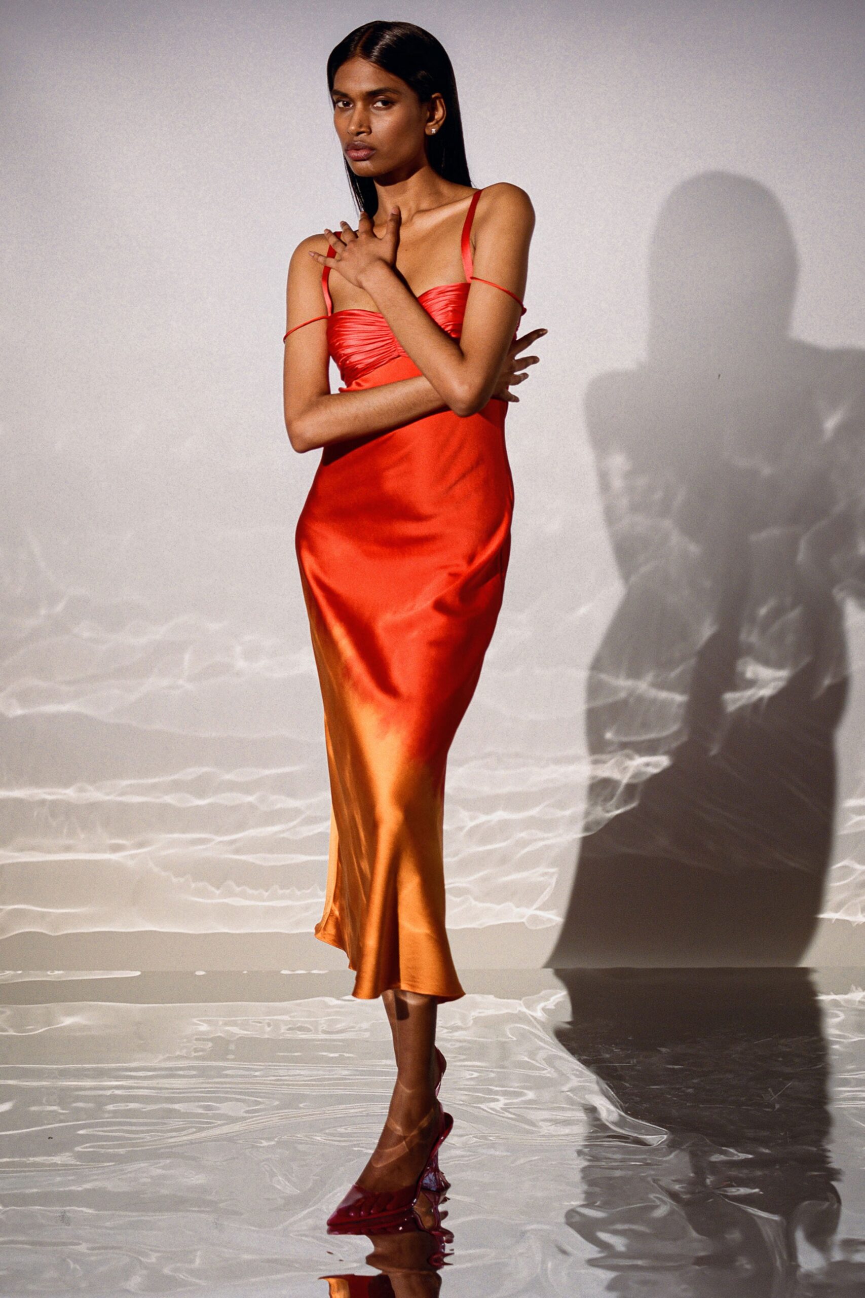 red and orange silk midi dress