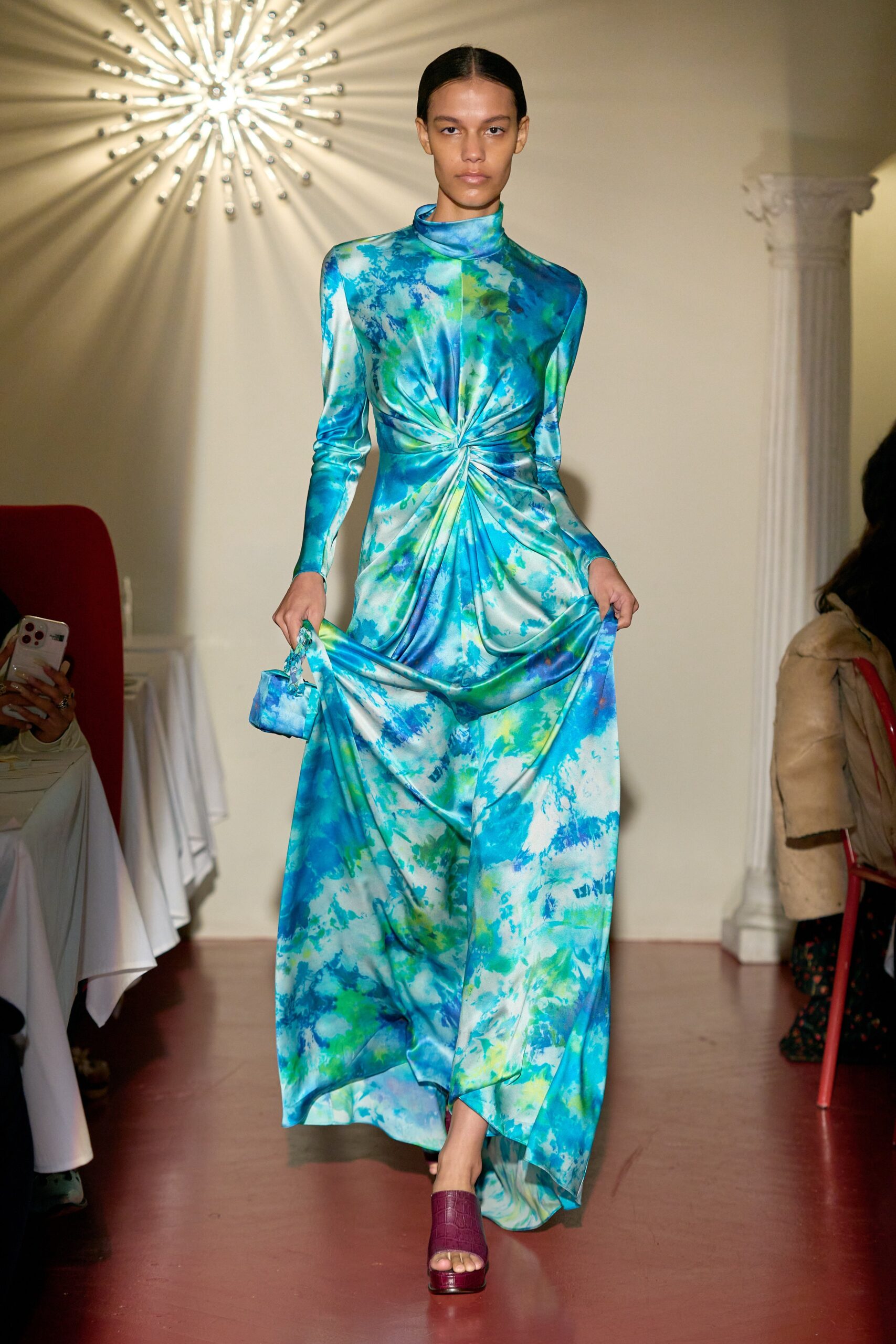 blue green silk fitted gown