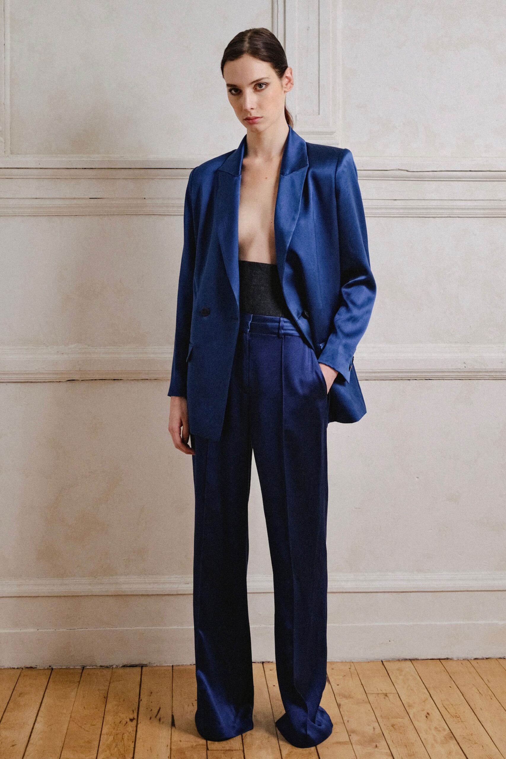 blue silk blazer and tailored pants