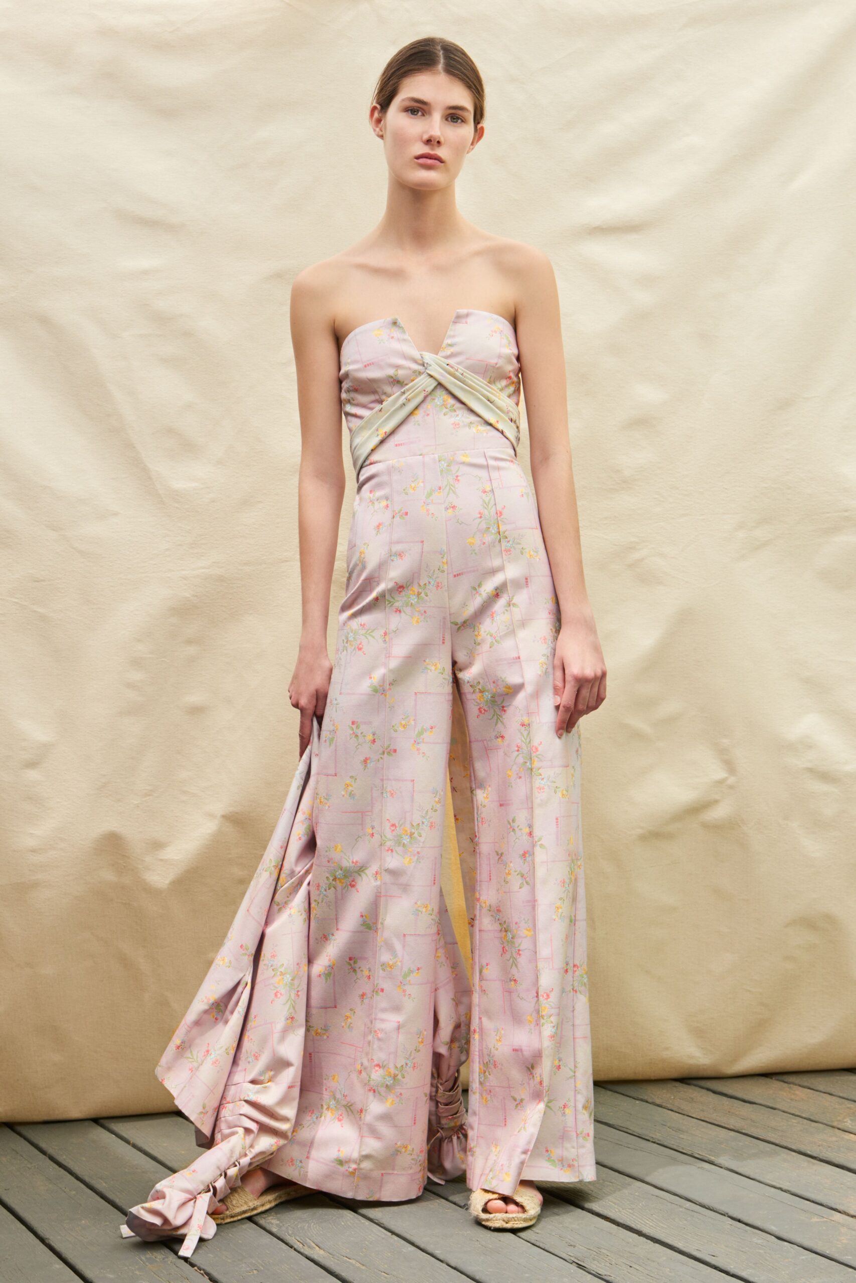 pink silk strapless jumpsuit