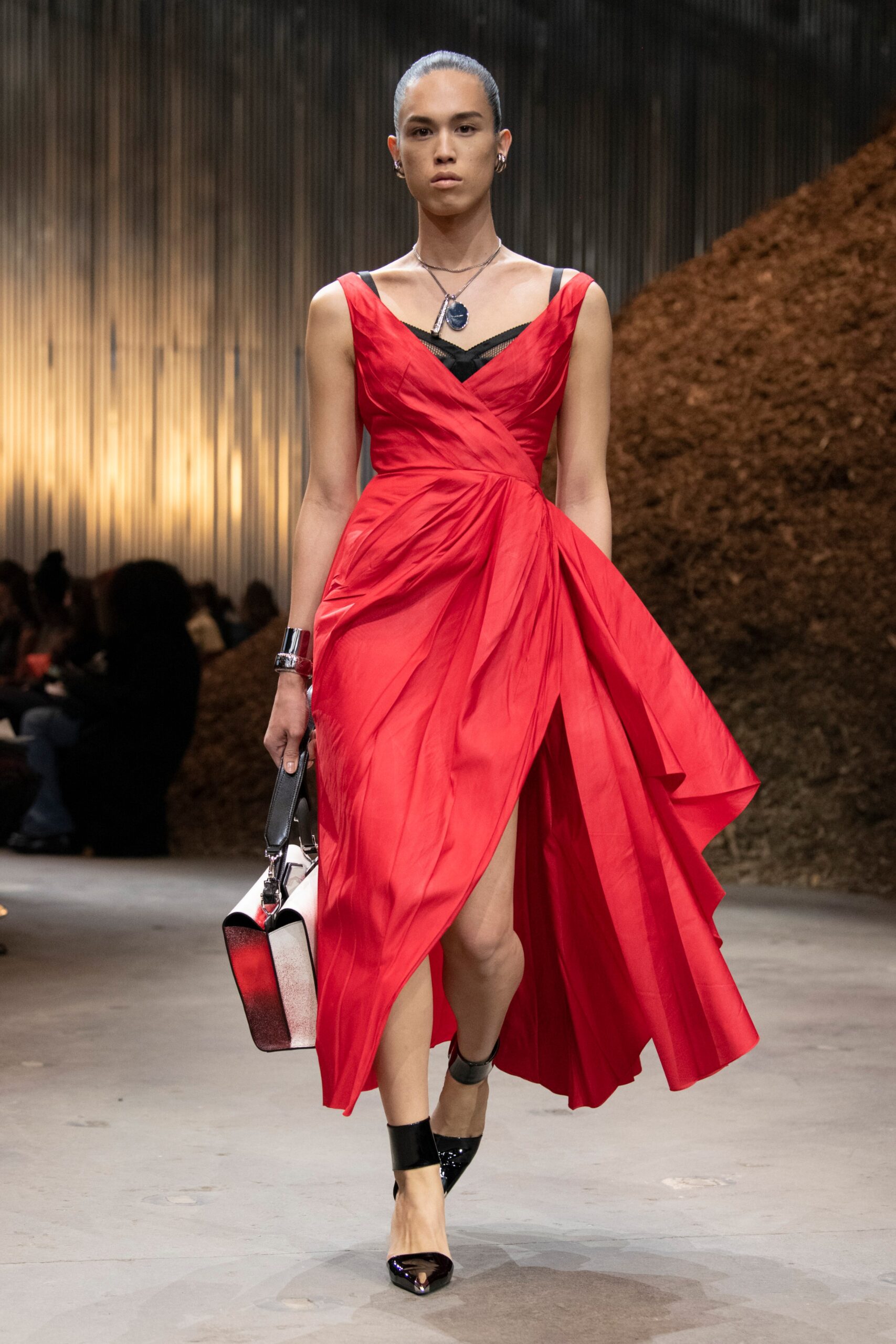 fitted red silk dress