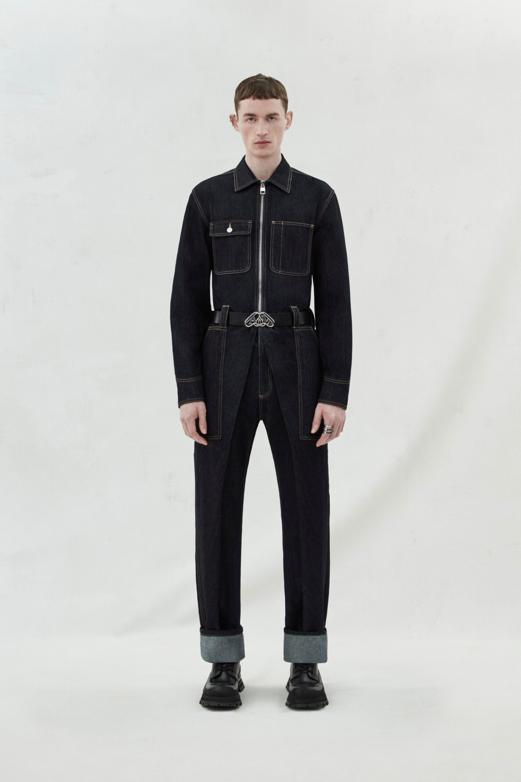 black denim fitted jacket and pants
