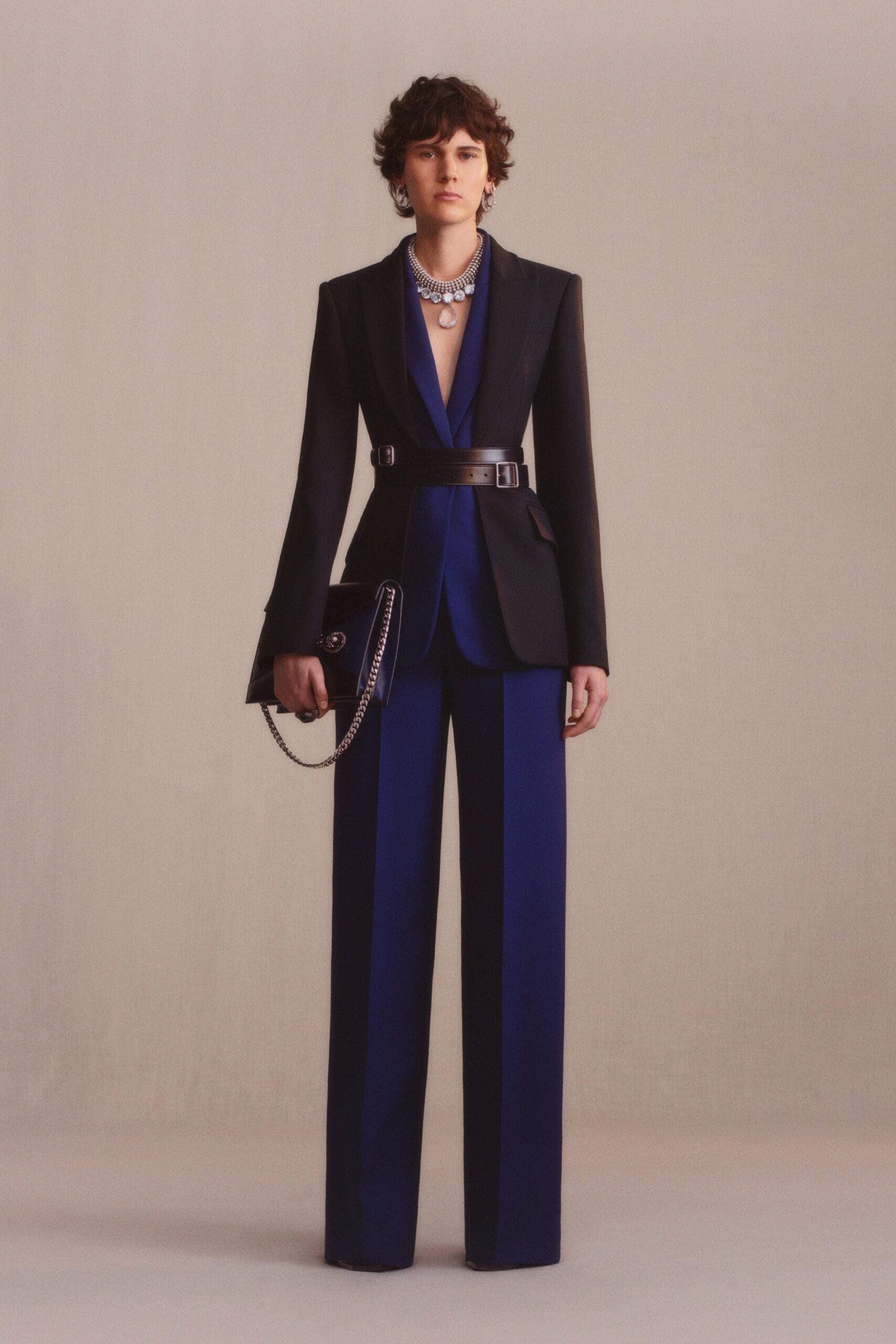 blue wool tailored straight-leg pants
