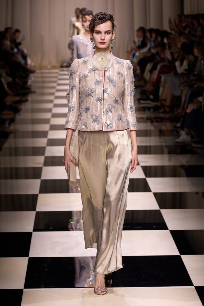 beige embroidered silk jacket and ivory pants