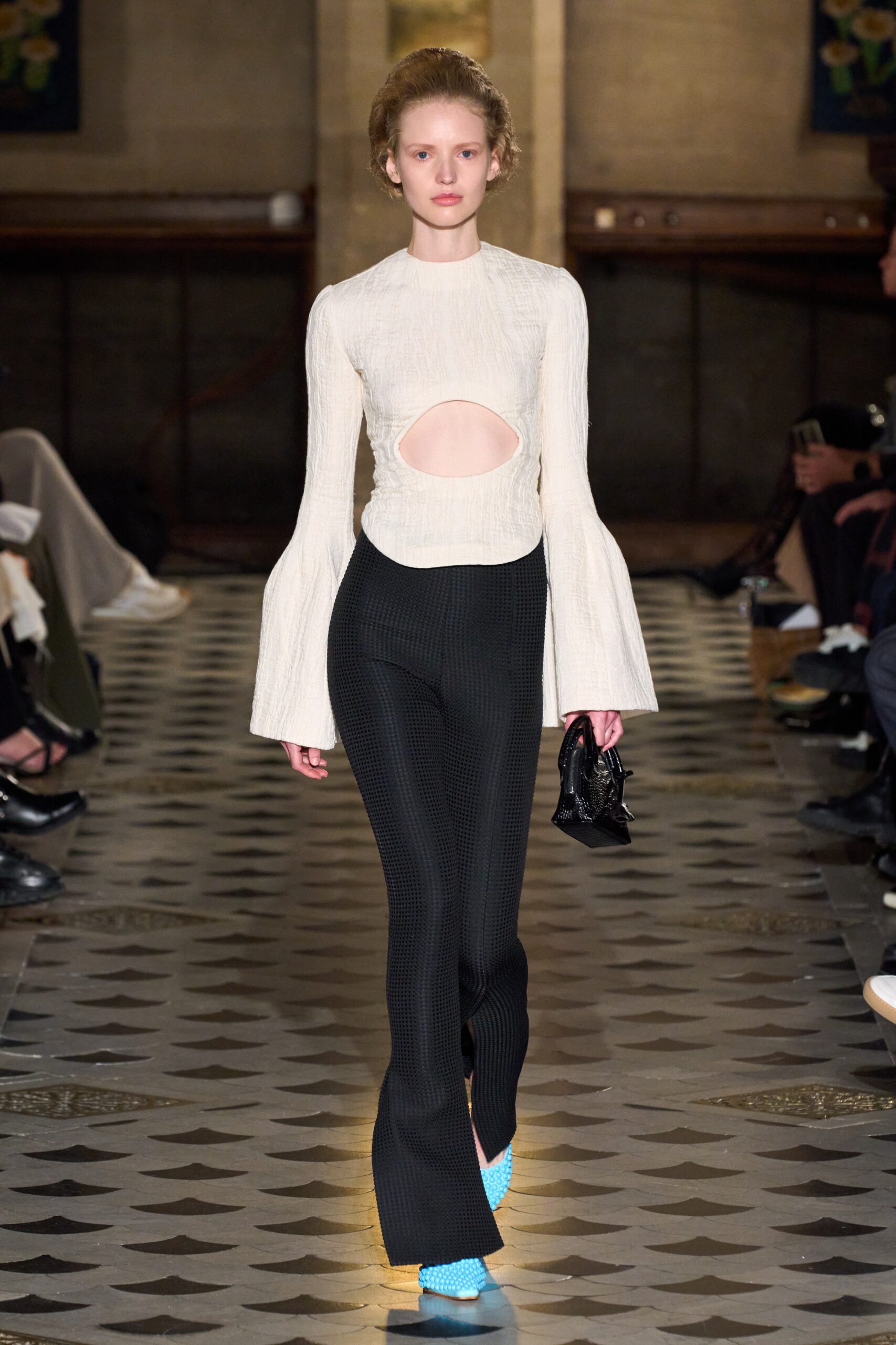 black cotton fitted high-waisted flared pants