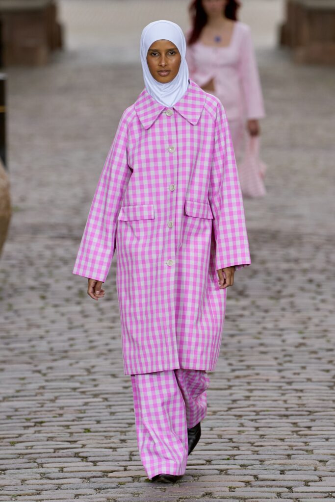 pink checked oversized coat and pants