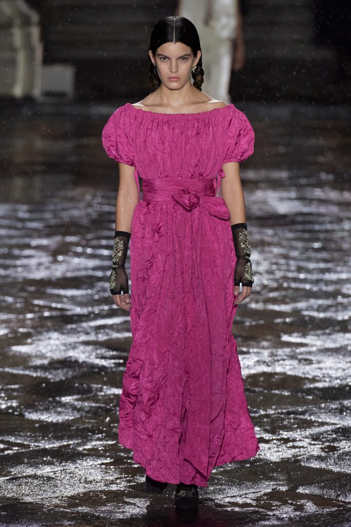 pink off-shoulder gown with gloves