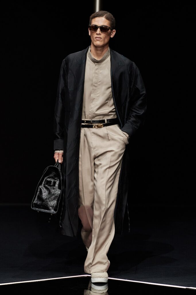 black silk coat with beige outfit