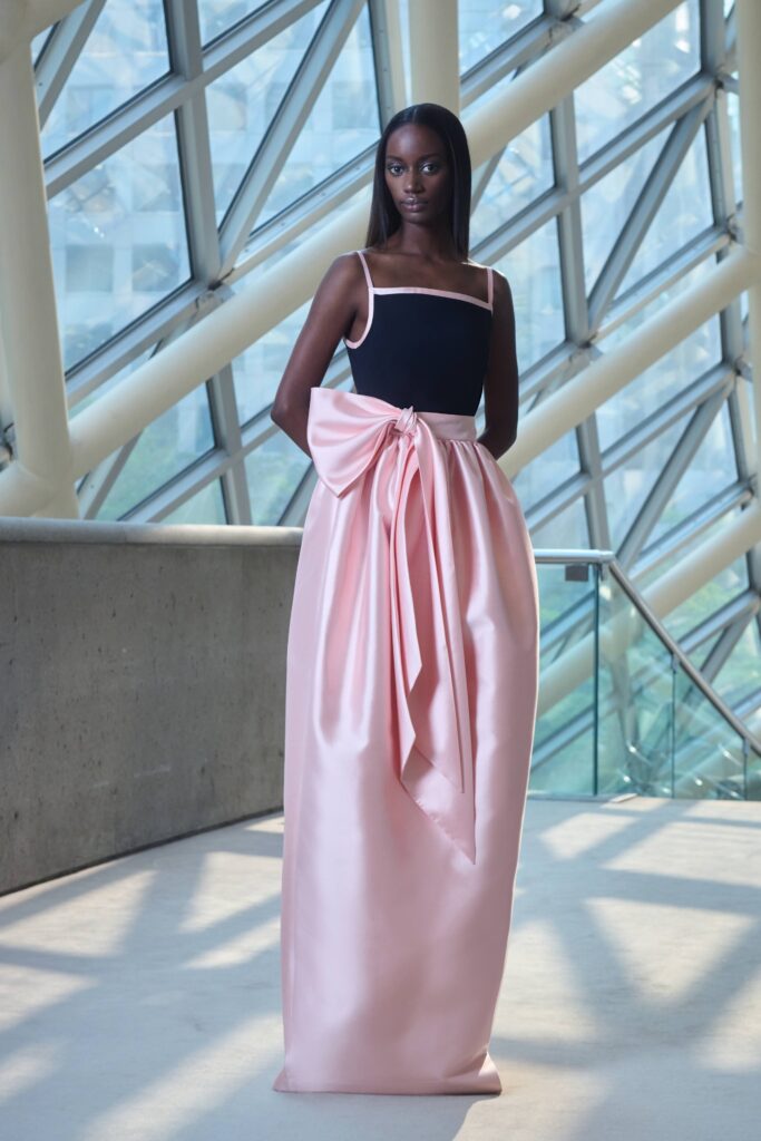 black silk top with pink satin skirt