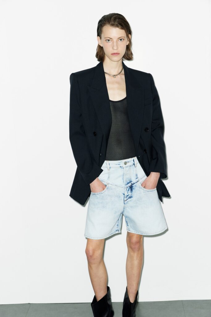 A fitted black blazer paired with blue denim shorts for a stylish look.