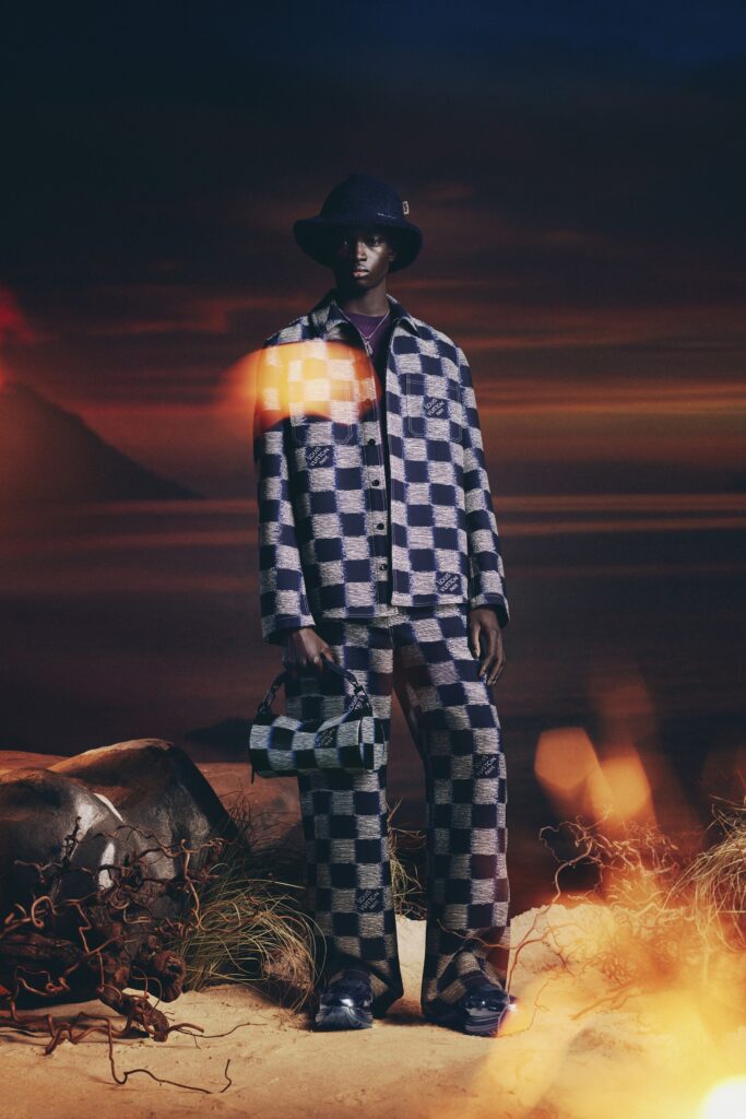 A relaxed-fit blue checked jacket with long sleeves paired with matching checked pants.