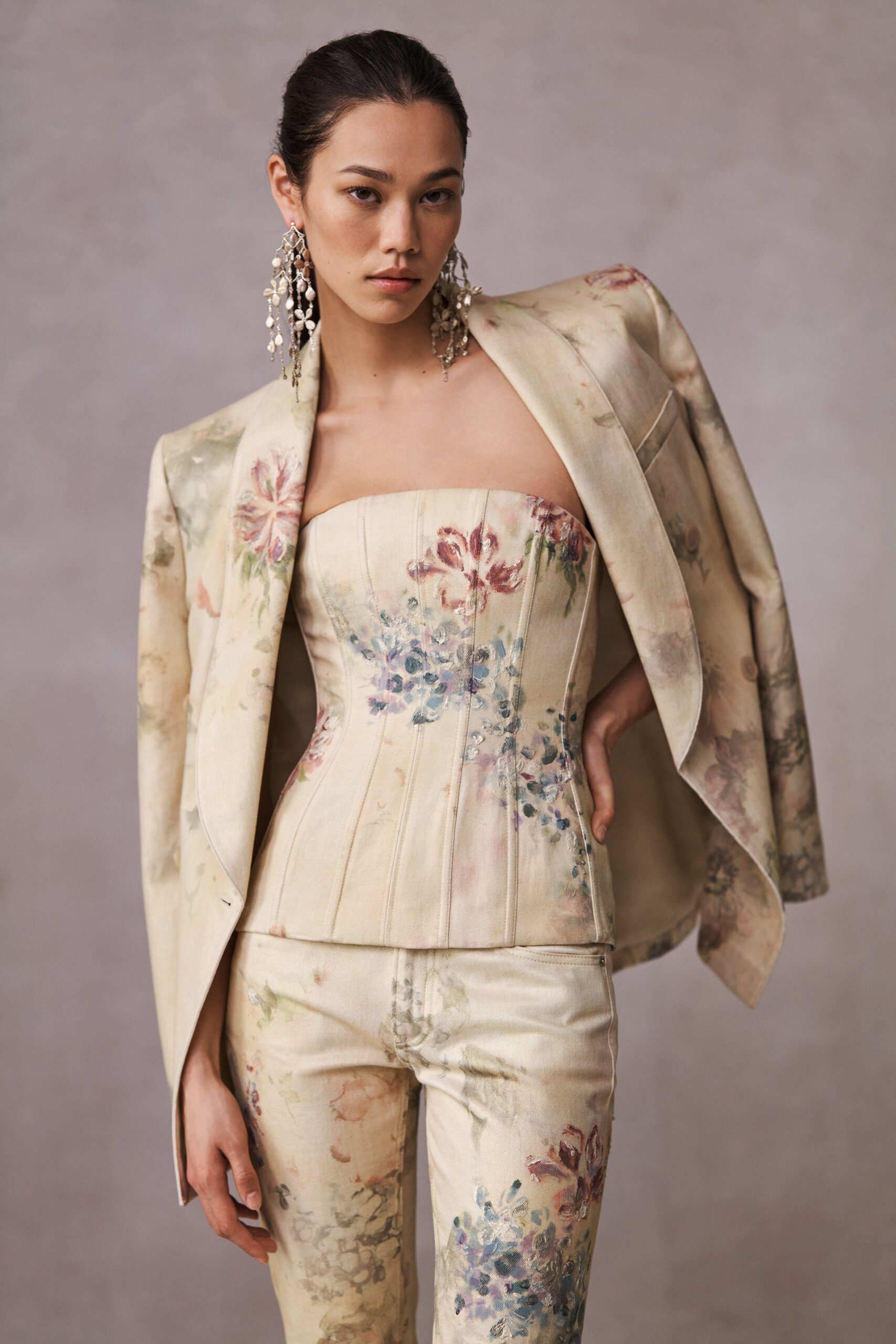 beige floral blazer corset pants