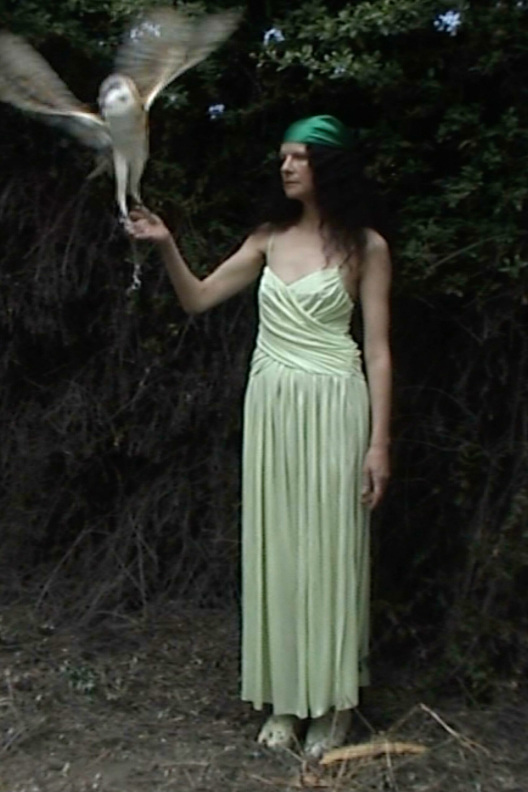 A fitted green silk sleeveless dress with a V-neckline and pleated design.