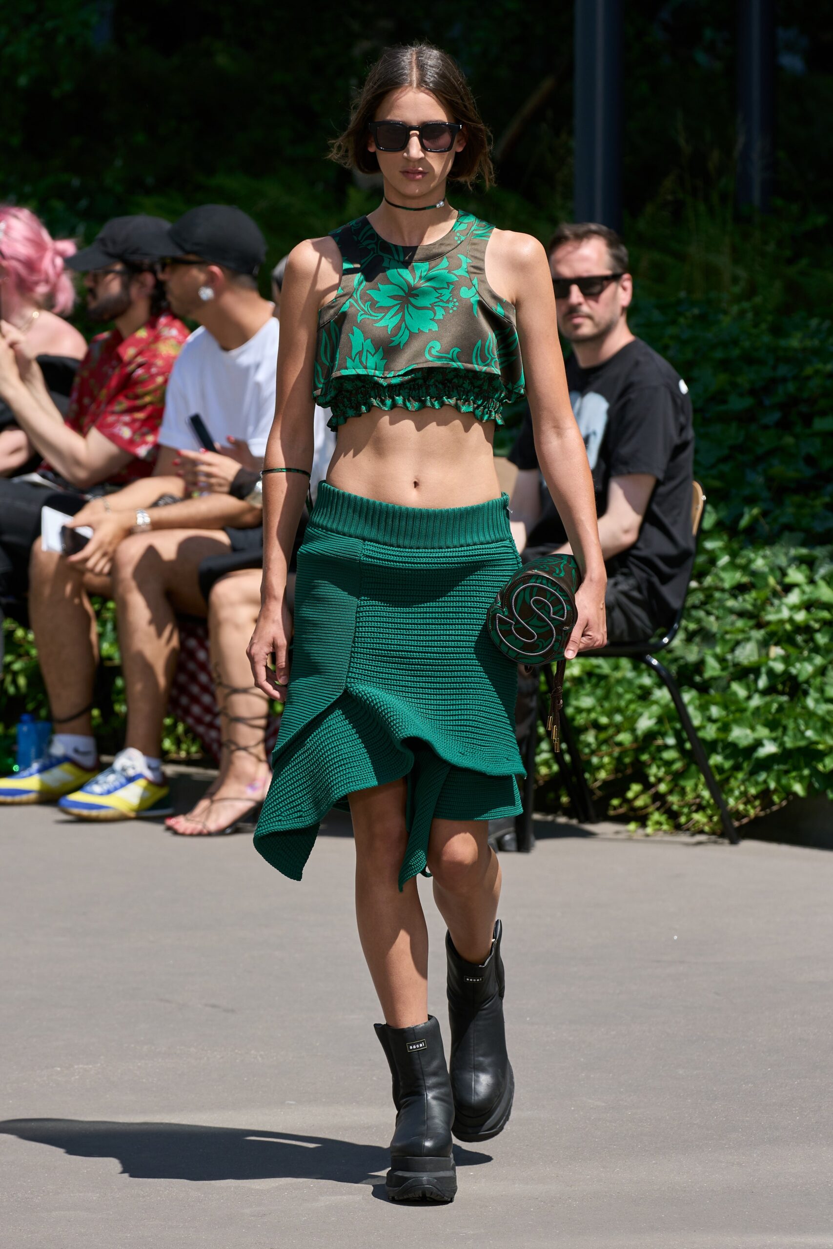 green crop-top and skirt outfit
