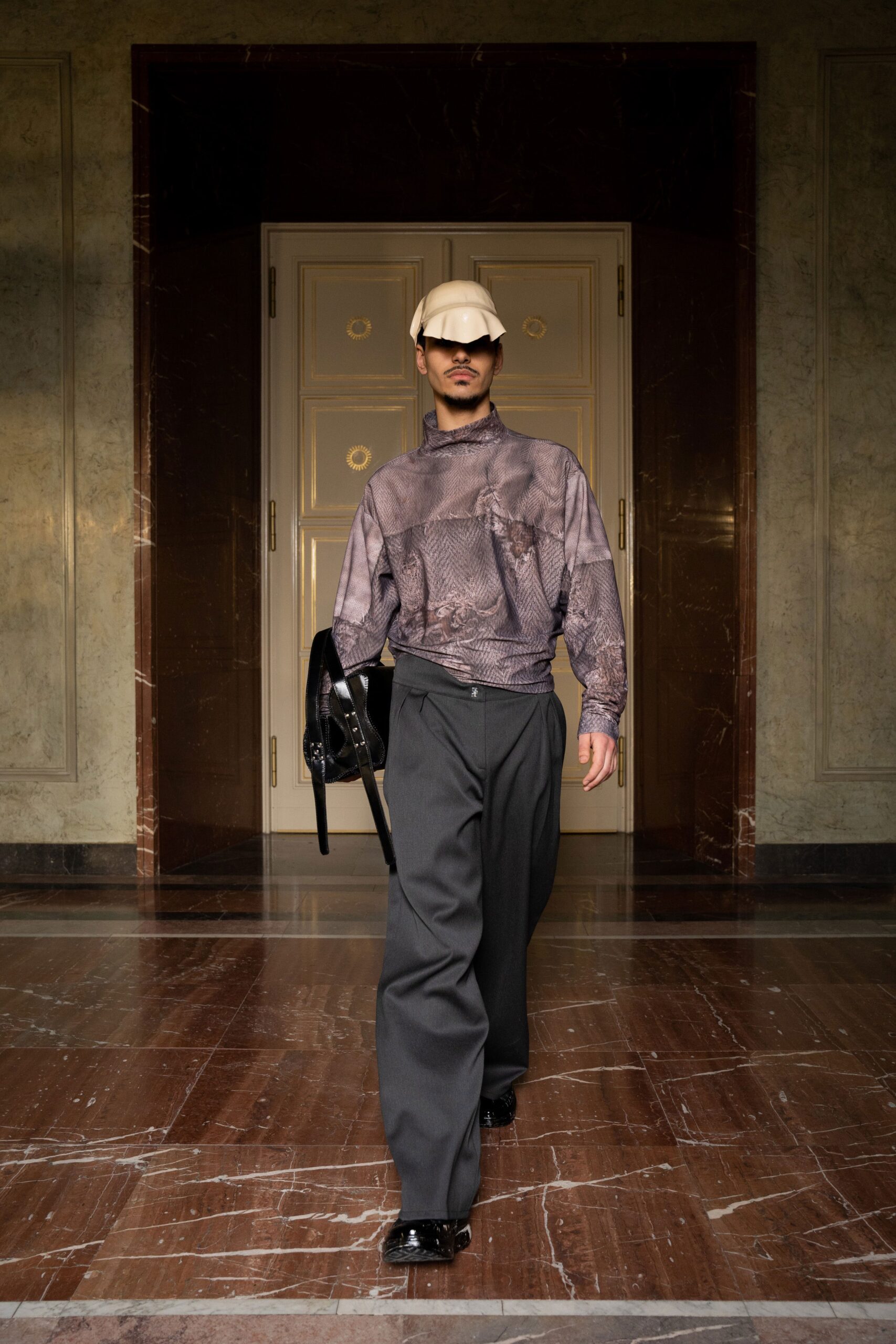 A relaxed gray printed long-sleeve shirt with collared neckline paired with matching pants.