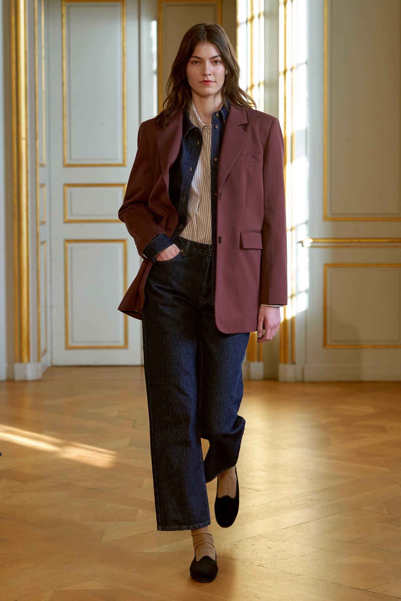 brown blazer with striped shirt