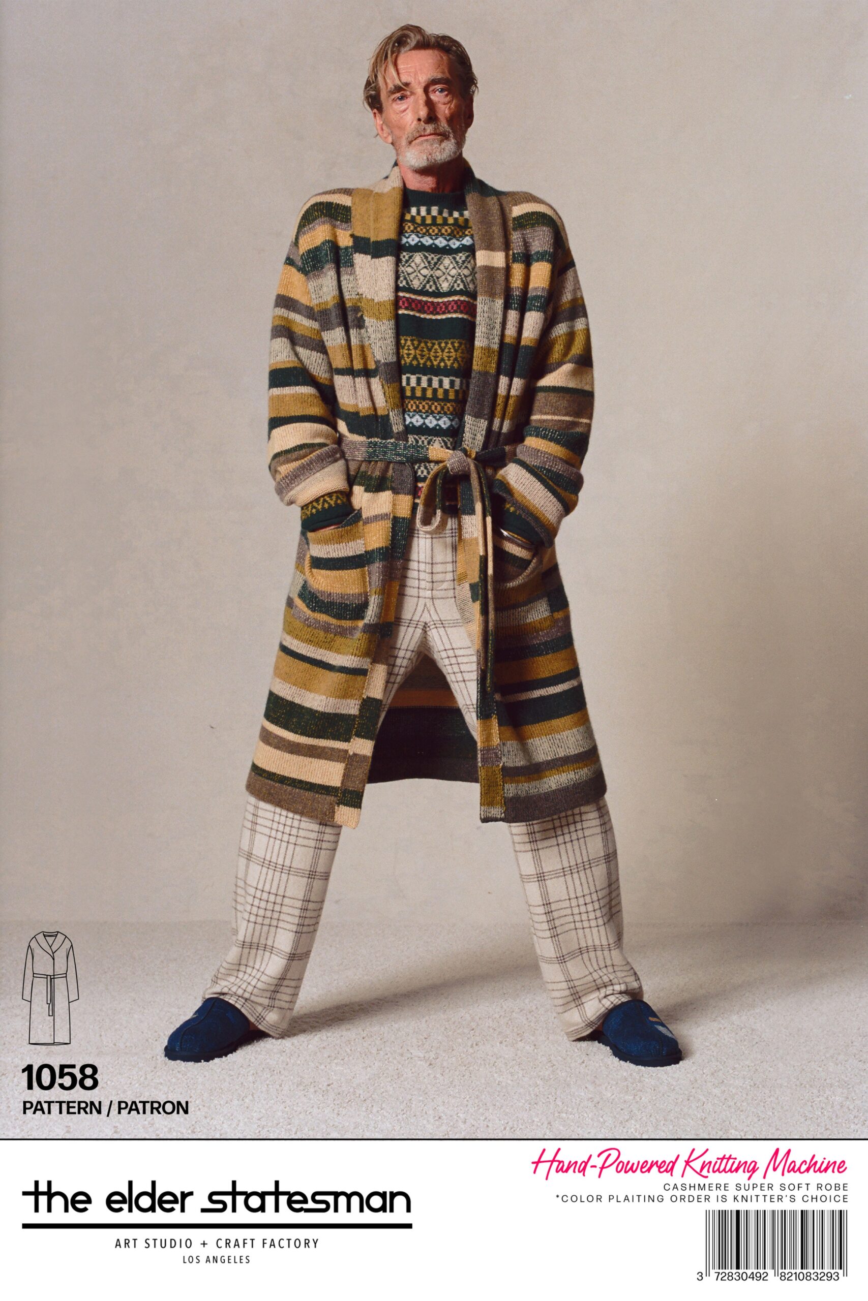 A relaxed-fit striped wool cardigan paired with checked cotton pants, featuring long sleeves and a collared design.