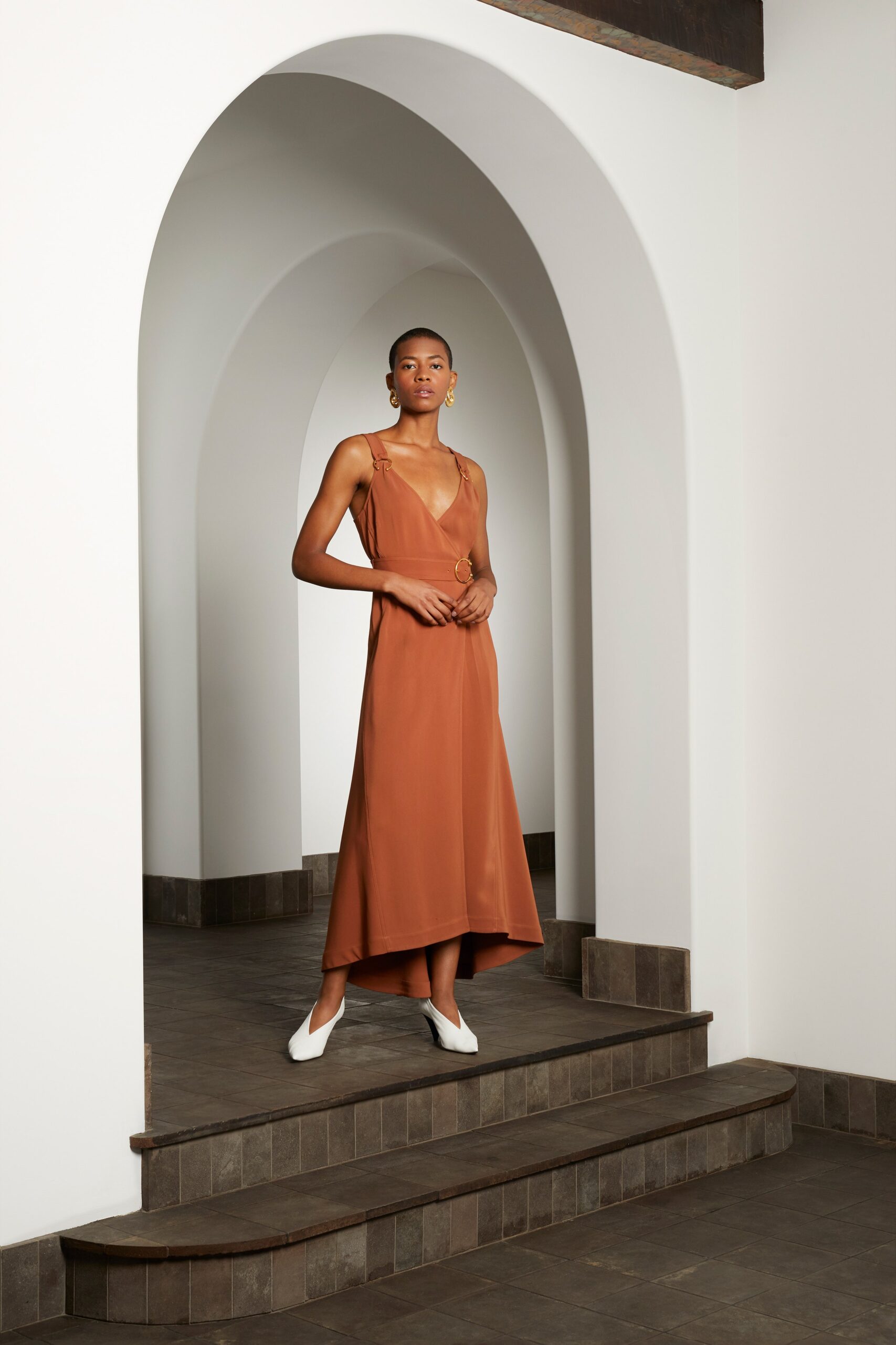 brown silk midi dress with white shoes