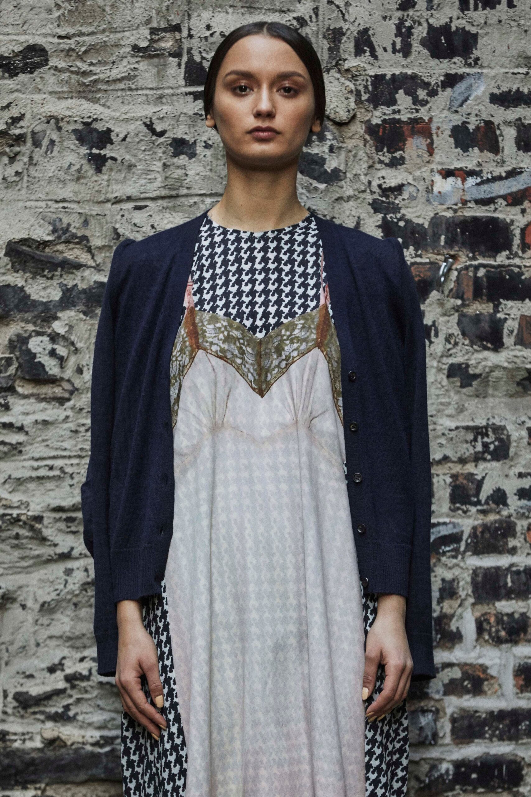 midi dress with navy cardigan