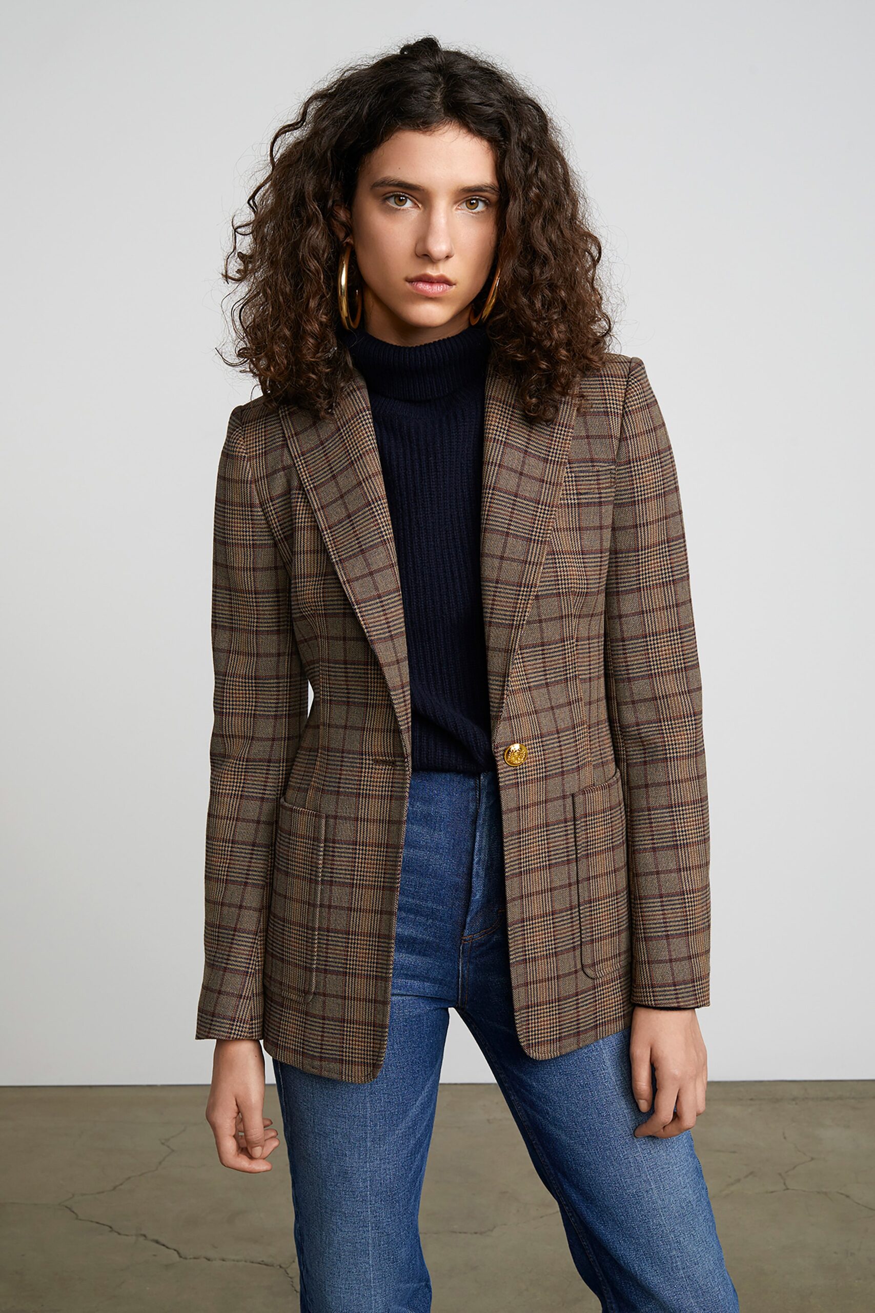 brown checked blazer with navy turtleneck
