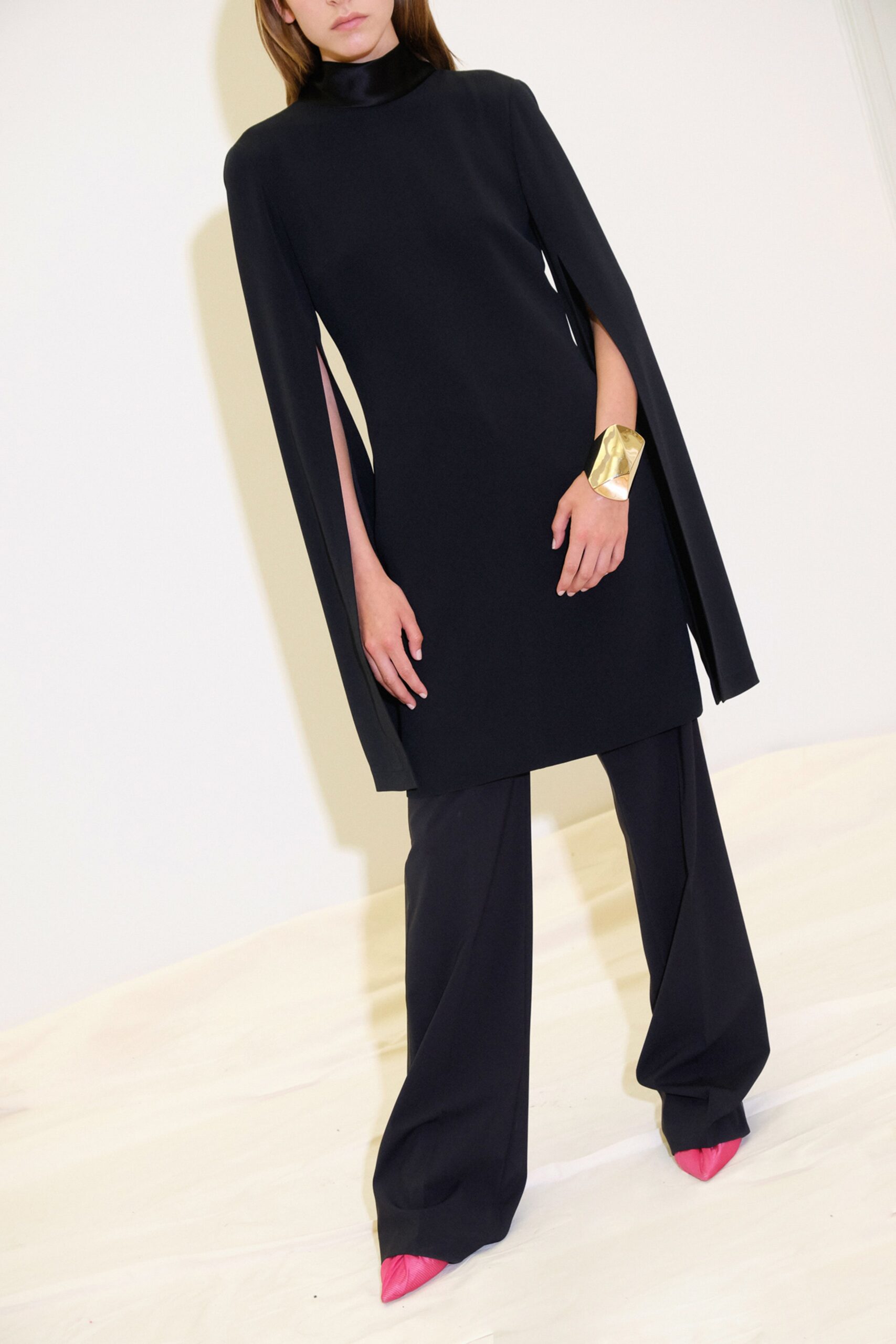 black wool long-sleeve high-neck fitted straight-leg mini dress