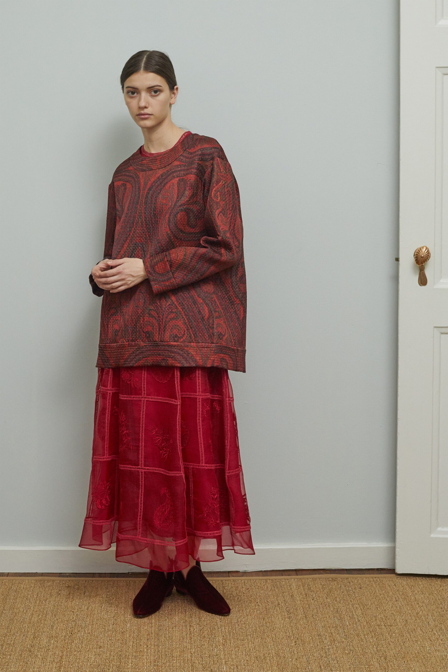 red chiffon long-sleeve fitted layered flowing midi skirt
