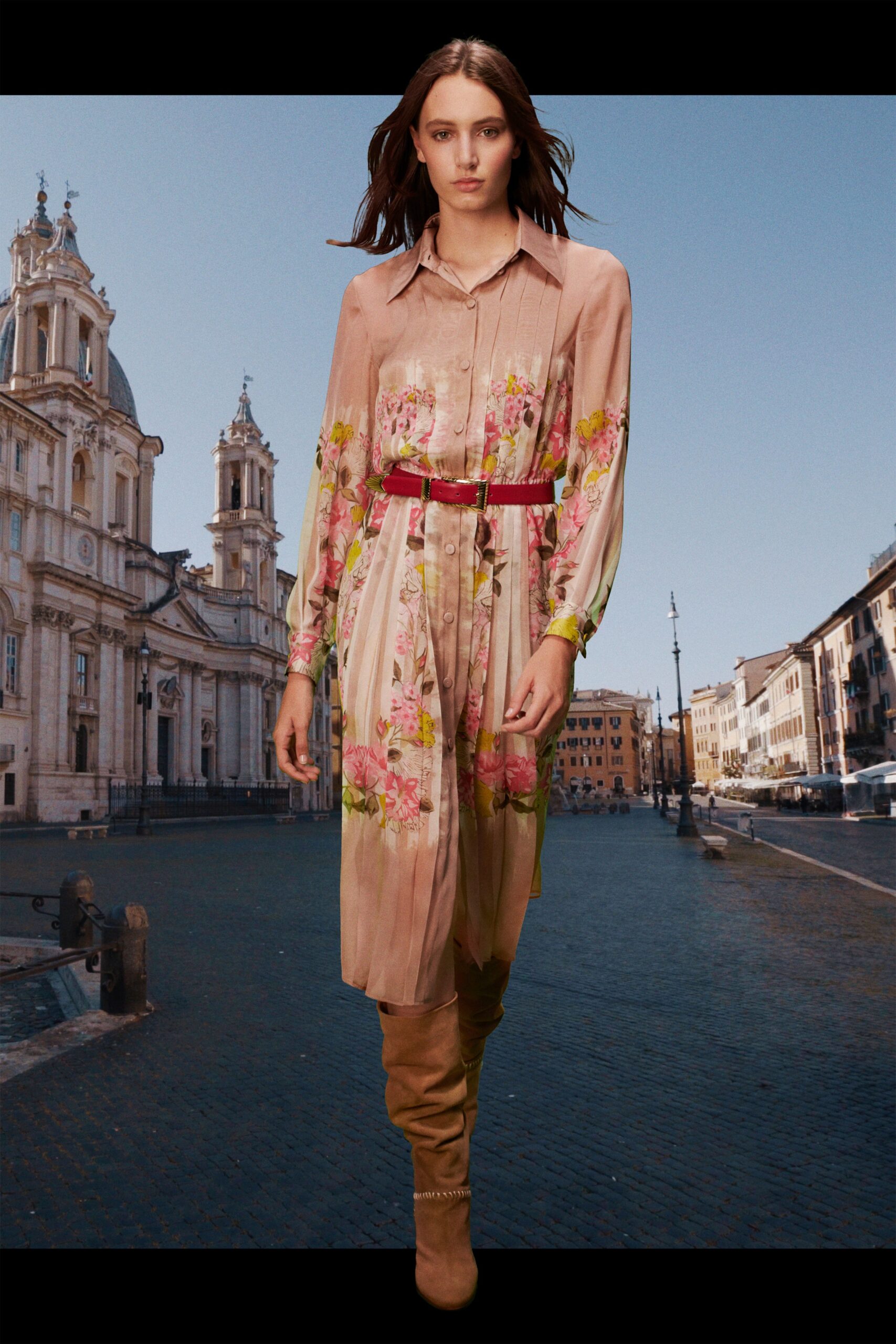 pink silk long-sleeve collared fitted floral buttoned dress