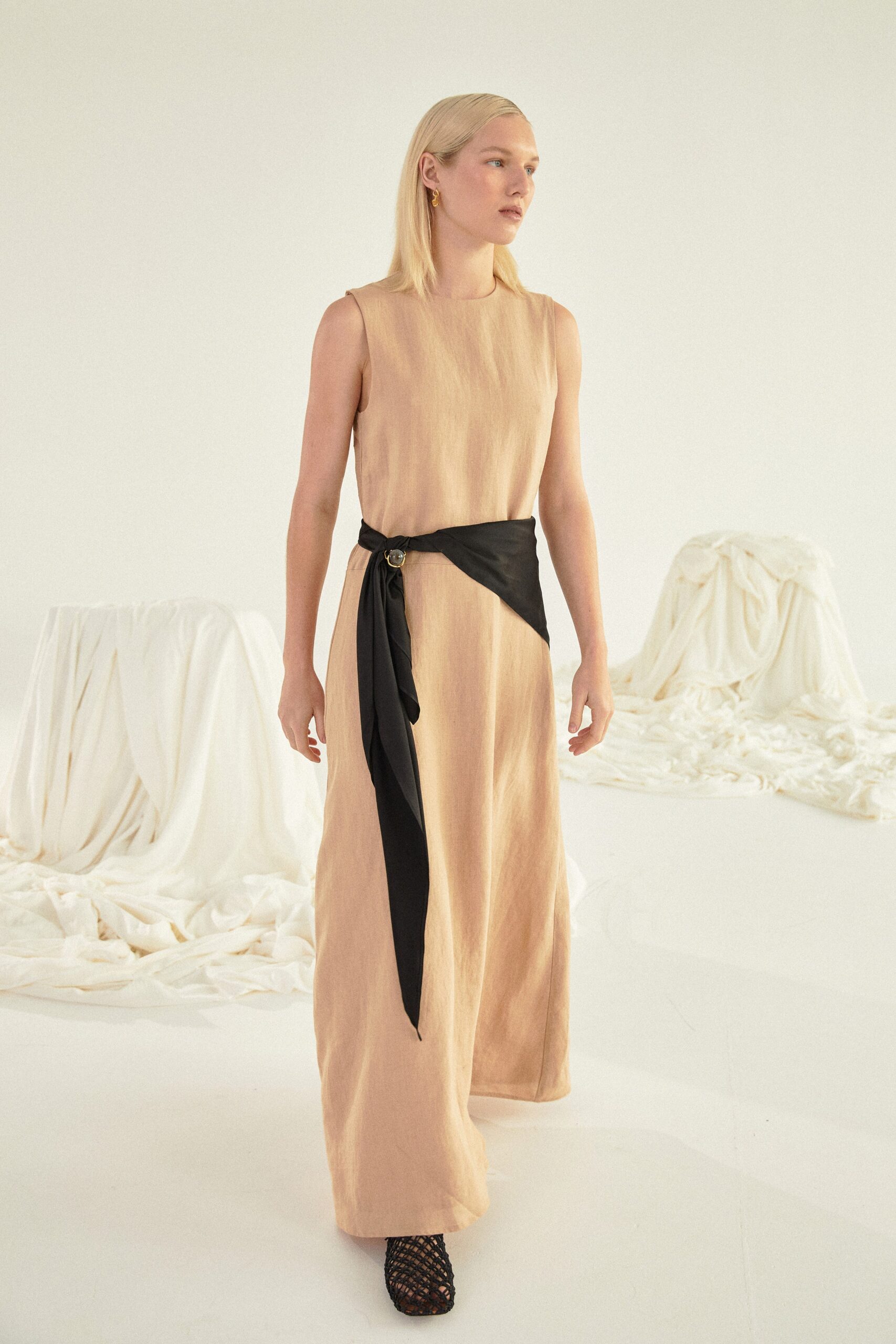 beige linen sleeveless dress