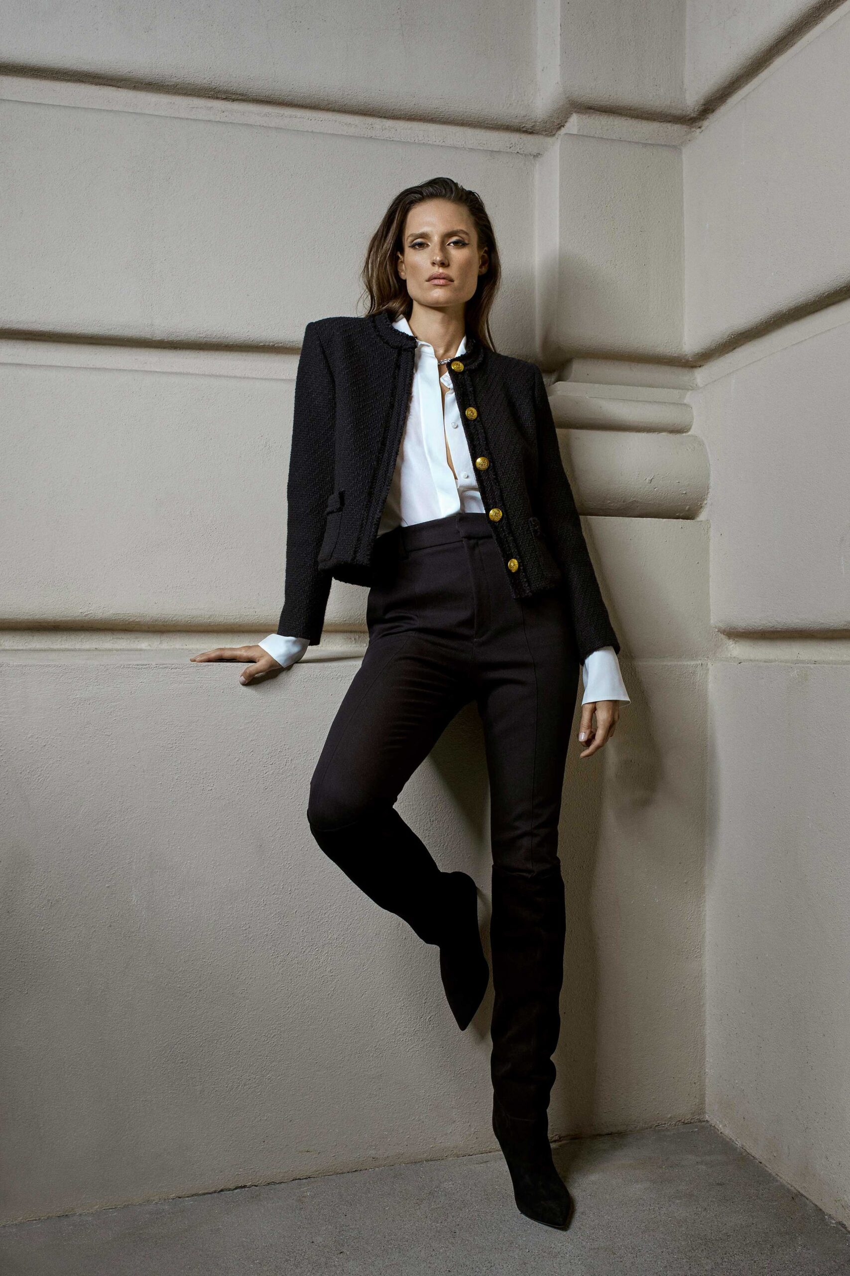 black tailored jacket with white shirt