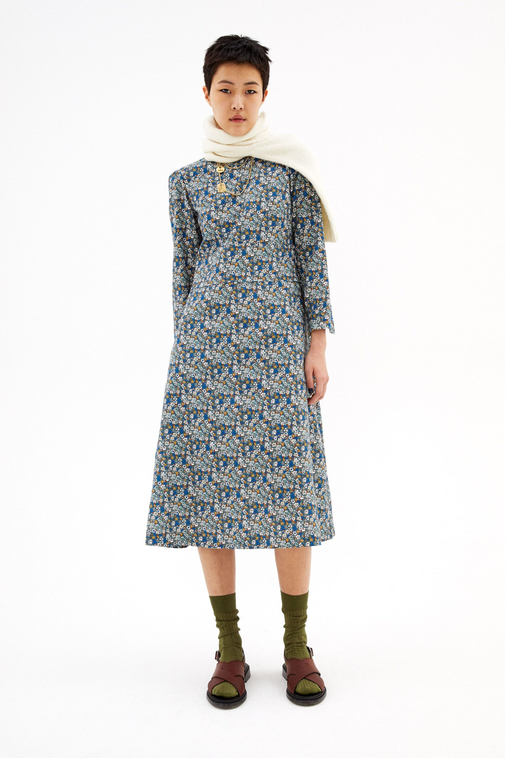 floral midi dress with scarf